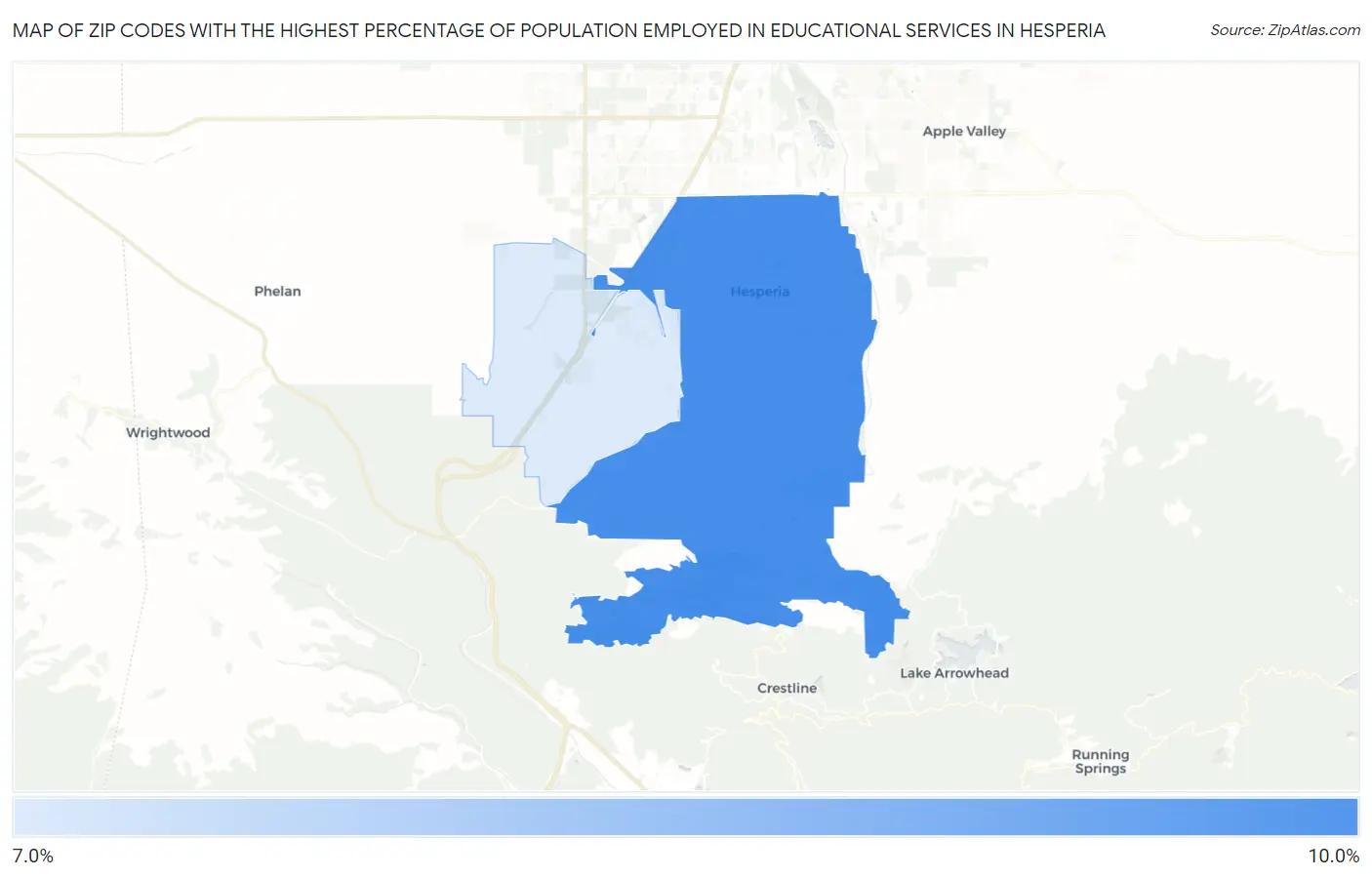 Zip Codes with the Highest Percentage of Population Employed in Educational Services in Hesperia Map