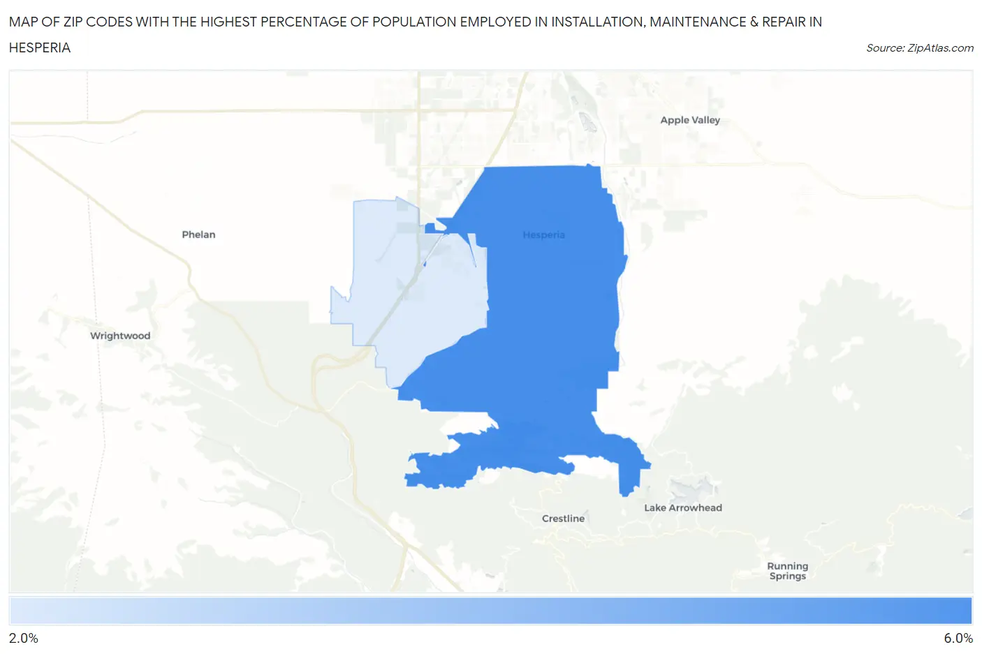 Zip Codes with the Highest Percentage of Population Employed in Installation, Maintenance & Repair in Hesperia Map