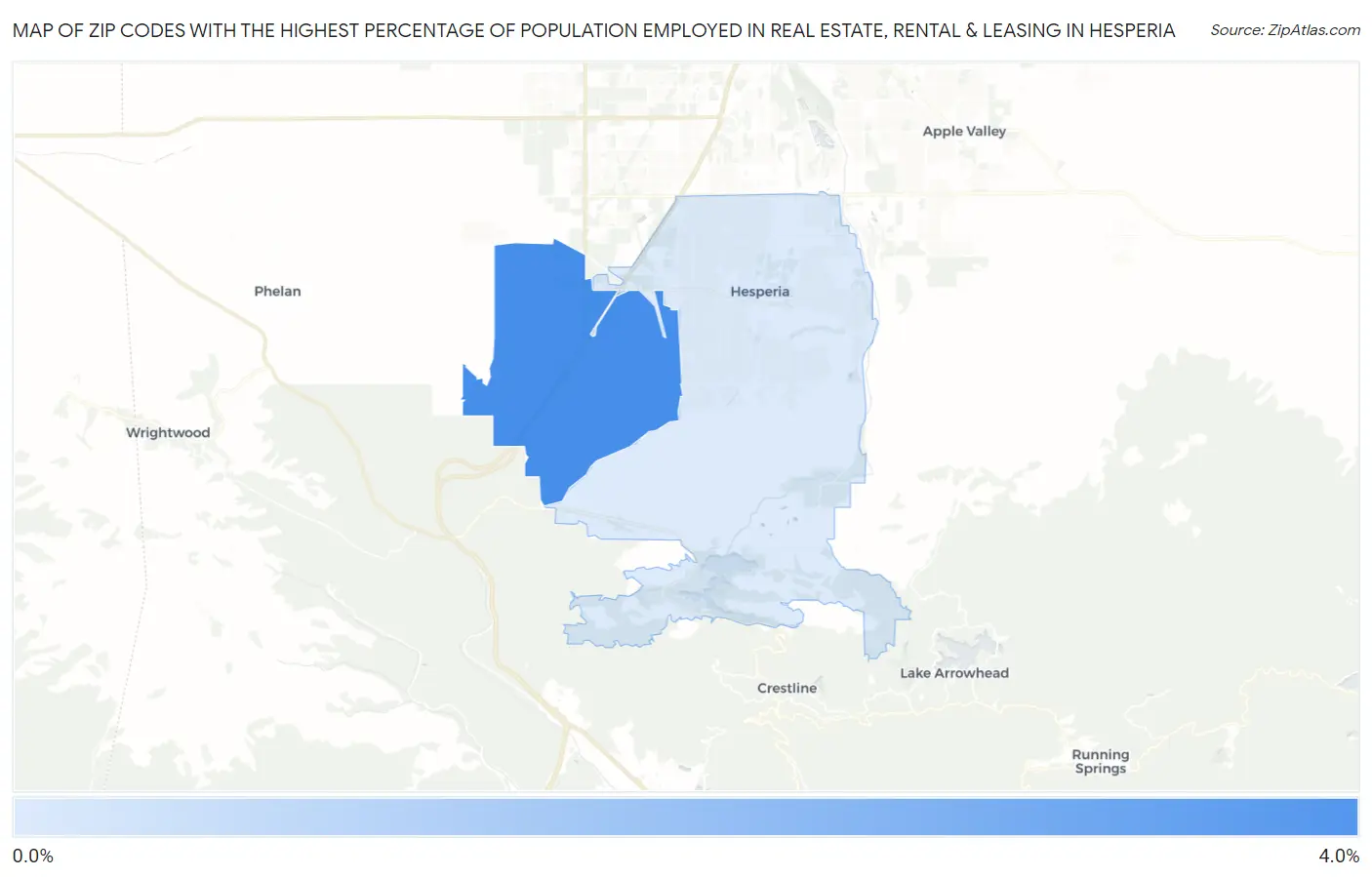 Zip Codes with the Highest Percentage of Population Employed in Real Estate, Rental & Leasing in Hesperia Map
