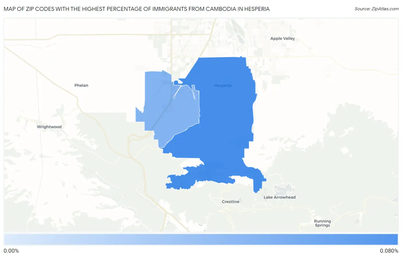 Zip Codes with the Highest Percentage of Immigrants from Cambodia in Hesperia Map