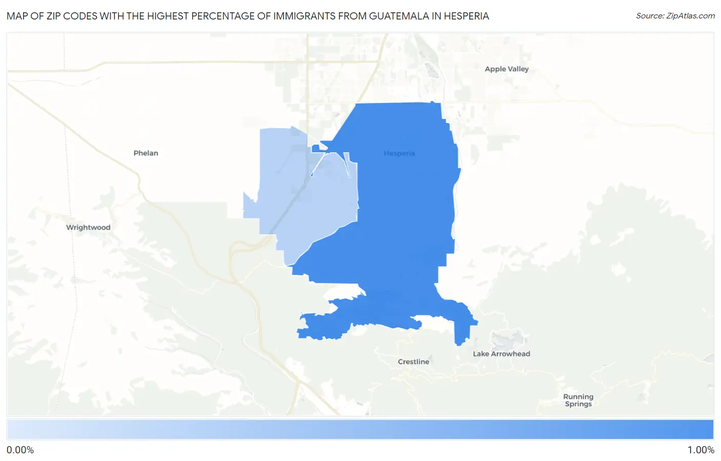 Zip Codes with the Highest Percentage of Immigrants from Guatemala in Hesperia Map