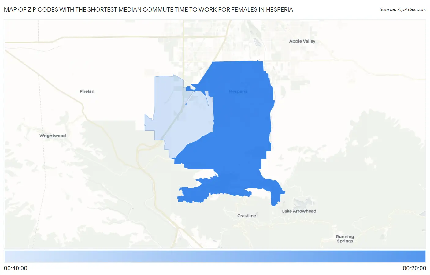 Zip Codes with the Shortest Median Commute Time to Work for Females in Hesperia Map