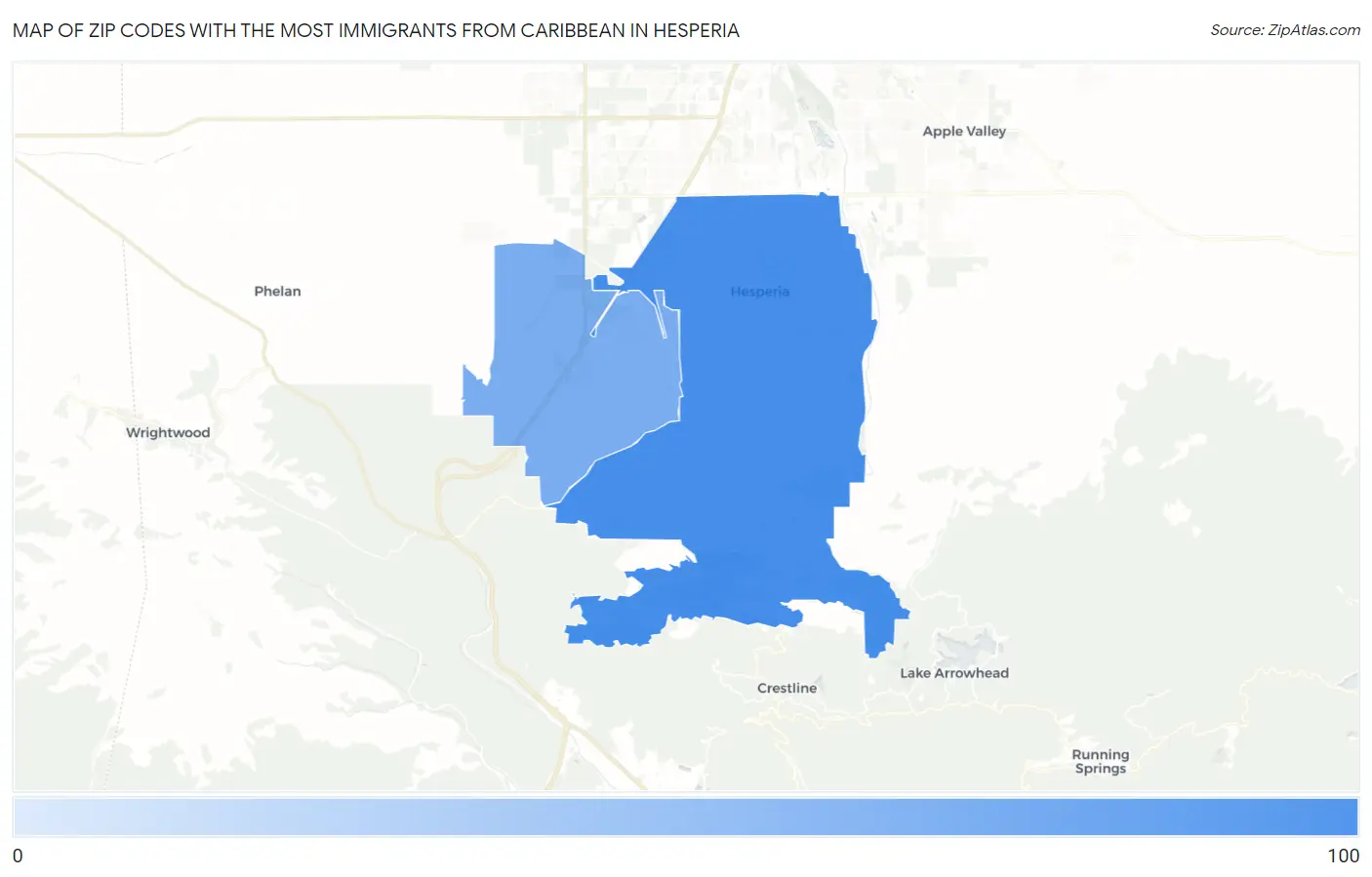 Zip Codes with the Most Immigrants from Caribbean in Hesperia Map