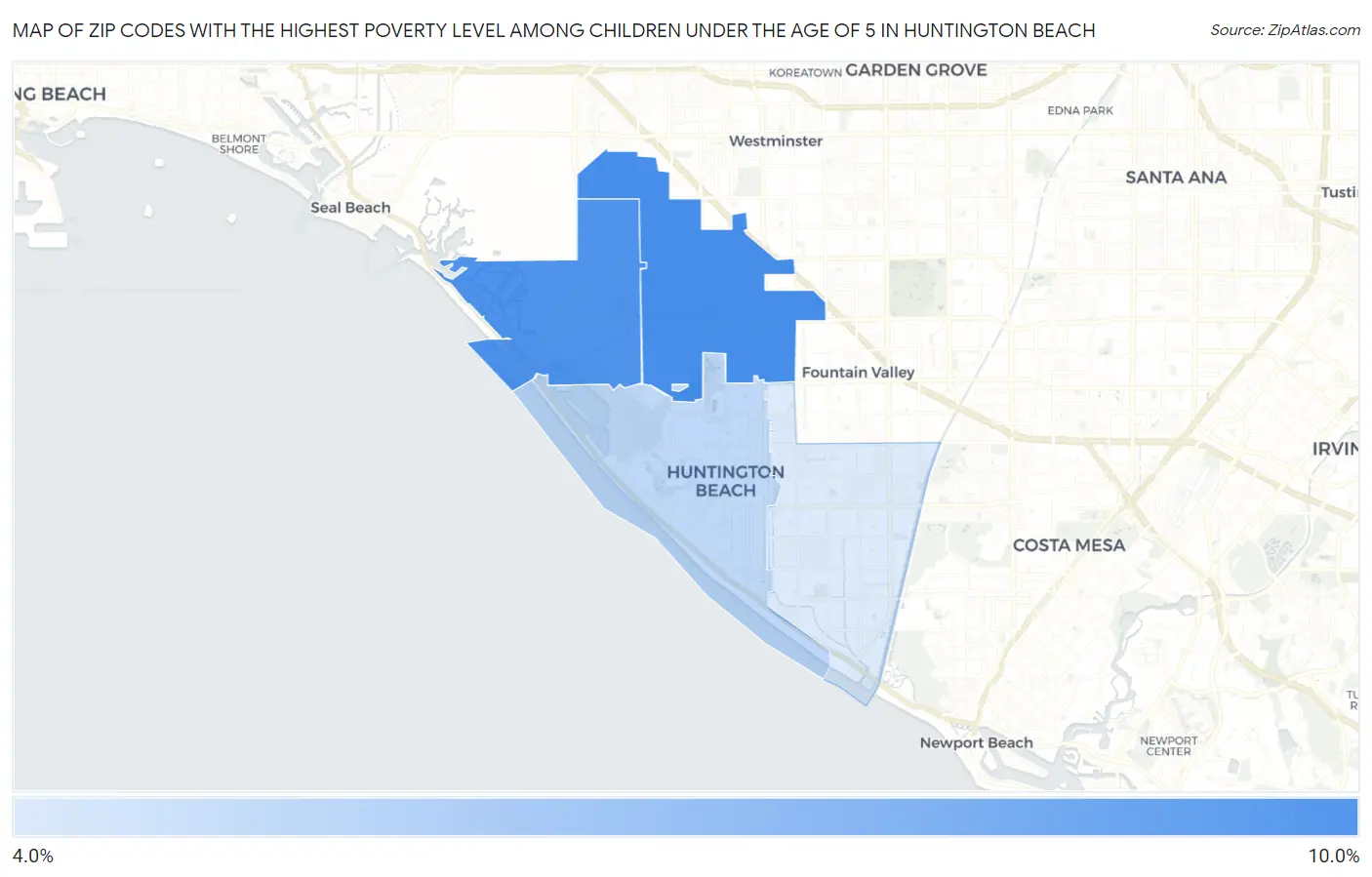 Zip Codes with the Highest Poverty Level Among Children Under the Age of 5 in Huntington Beach Map