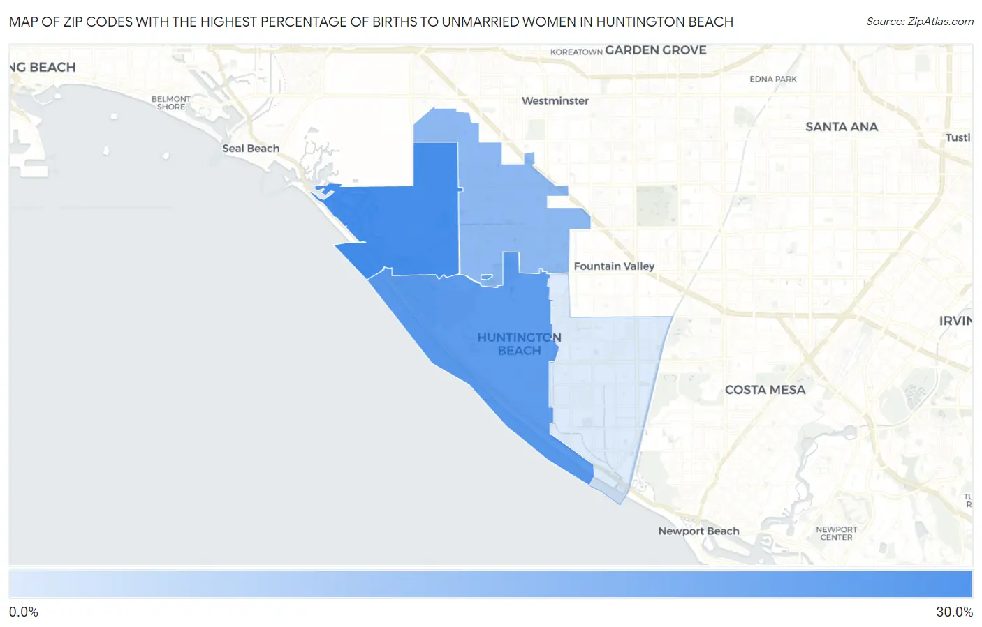 Zip Codes with the Highest Percentage of Births to Unmarried Women in Huntington Beach Map