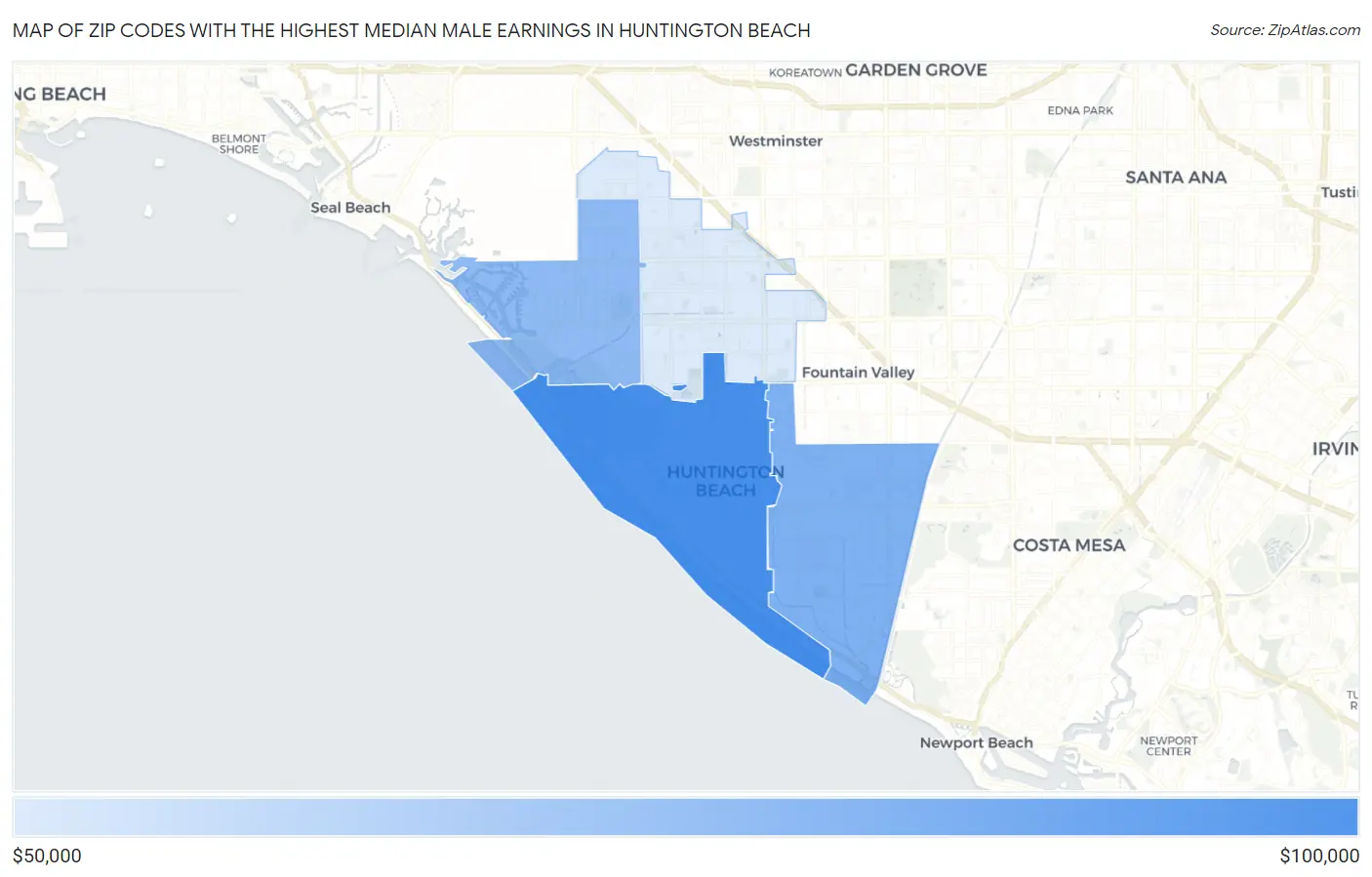 Zip Codes with the Highest Median Male Earnings in Huntington Beach Map