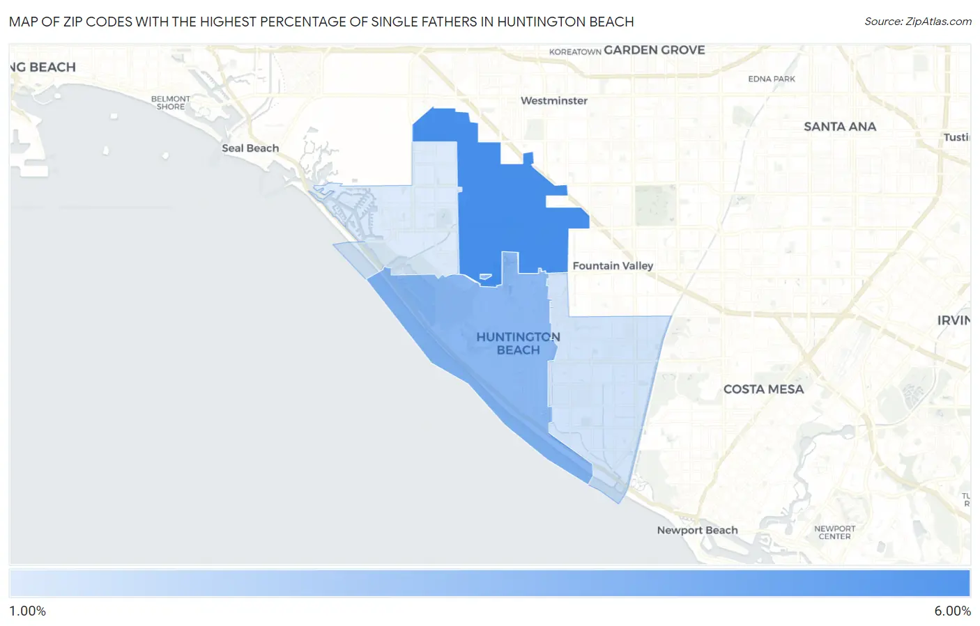 Zip Codes with the Highest Percentage of Single Fathers in Huntington Beach Map