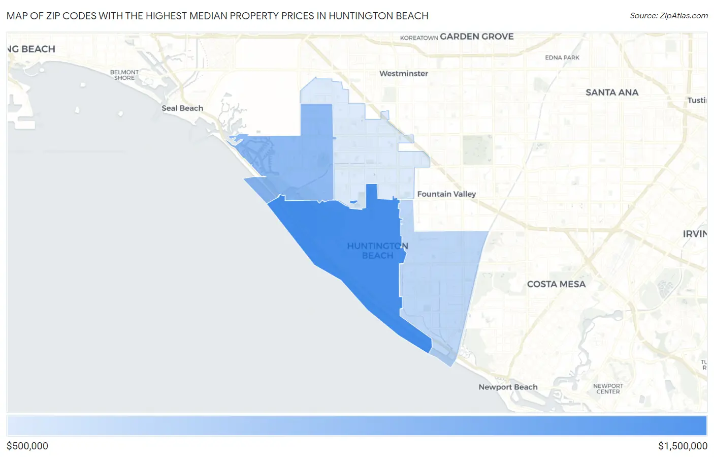 Zip Codes with the Highest Median Property Prices in Huntington Beach Map