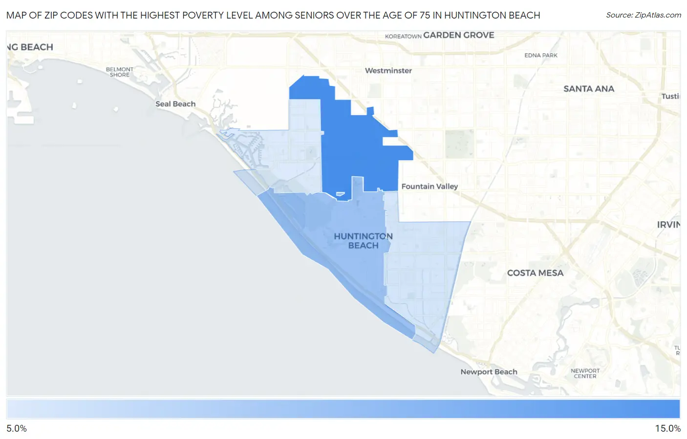 Zip Codes with the Highest Poverty Level Among Seniors Over the Age of 75 in Huntington Beach Map