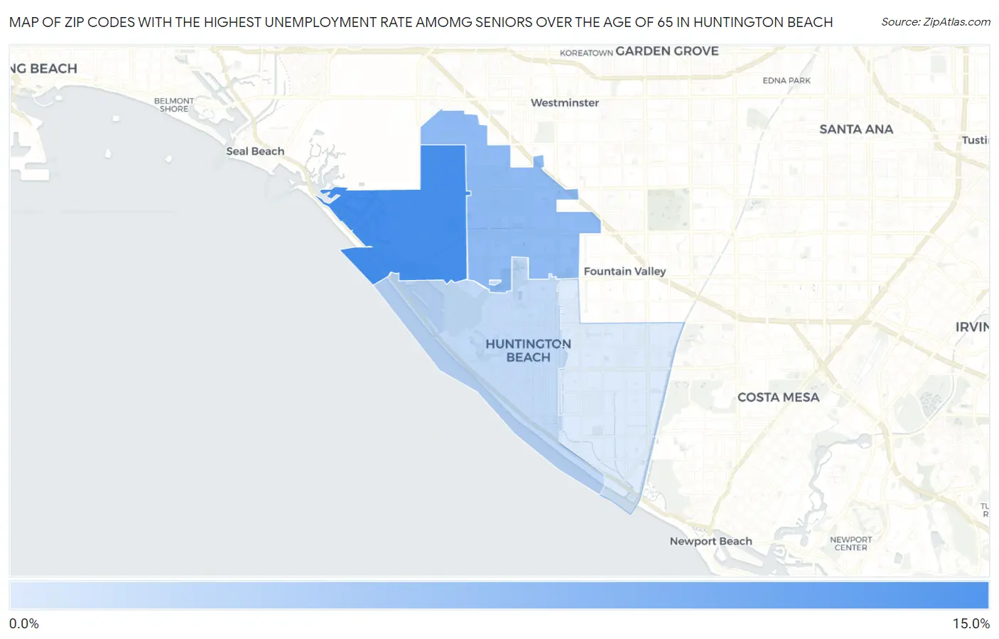 Zip Codes with the Highest Unemployment Rate Amomg Seniors Over the Age of 65 in Huntington Beach Map