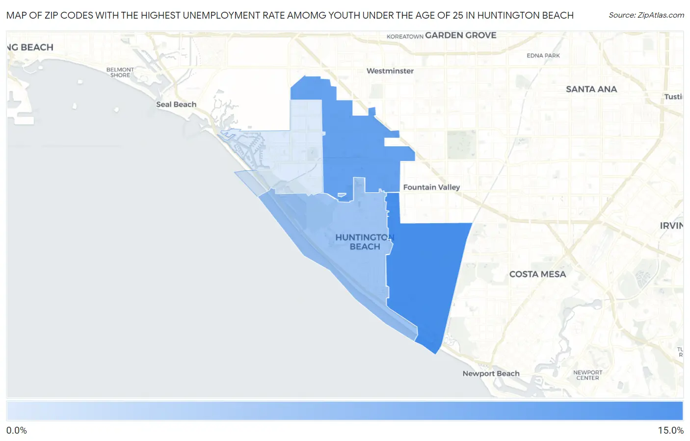 Zip Codes with the Highest Unemployment Rate Amomg Youth Under the Age of 25 in Huntington Beach Map