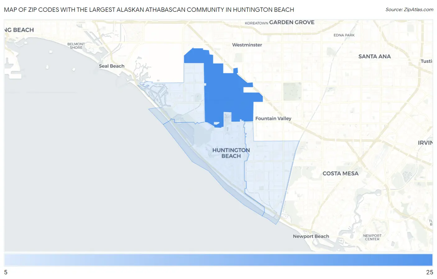 Zip Codes with the Largest Alaskan Athabascan Community in Huntington Beach Map
