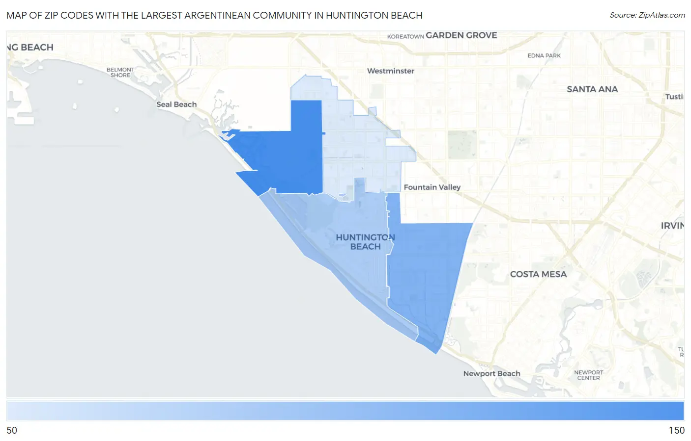 Zip Codes with the Largest Argentinean Community in Huntington Beach Map