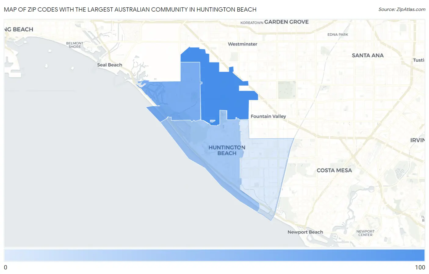 Zip Codes with the Largest Australian Community in Huntington Beach Map