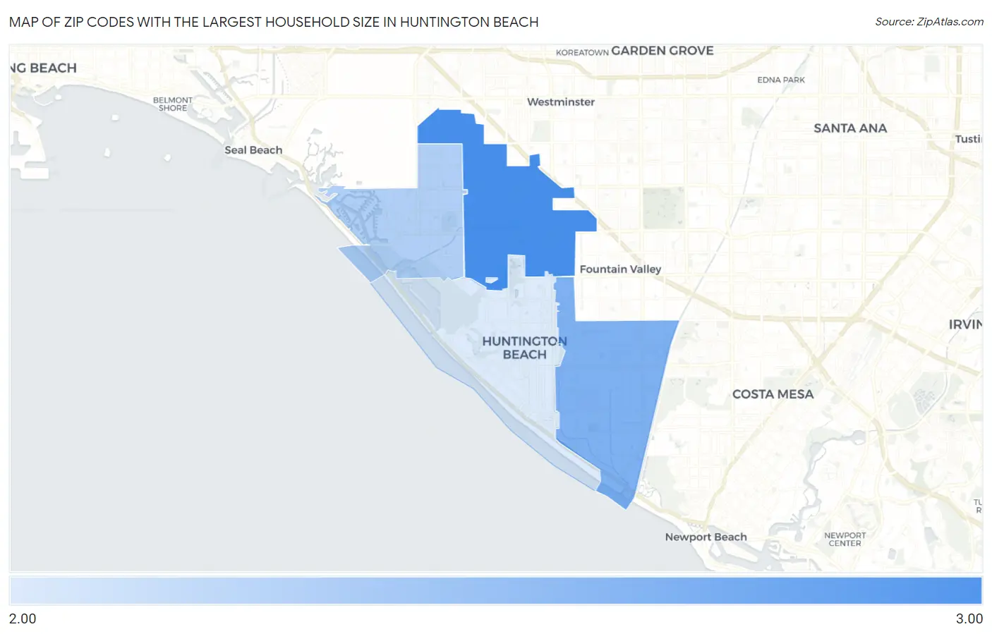 Zip Codes with the Largest Household Size in Huntington Beach Map