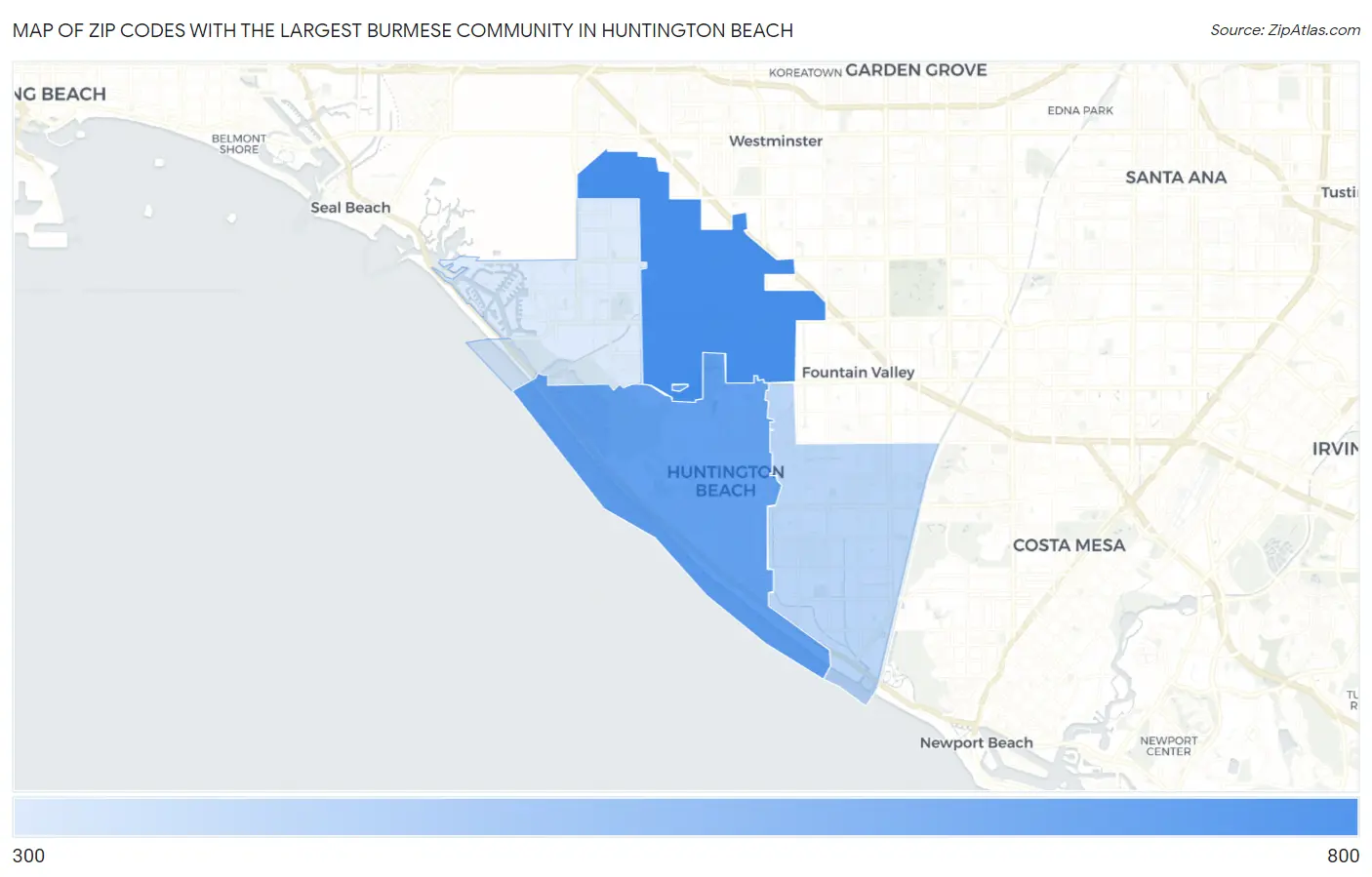 Zip Codes with the Largest Burmese Community in Huntington Beach Map