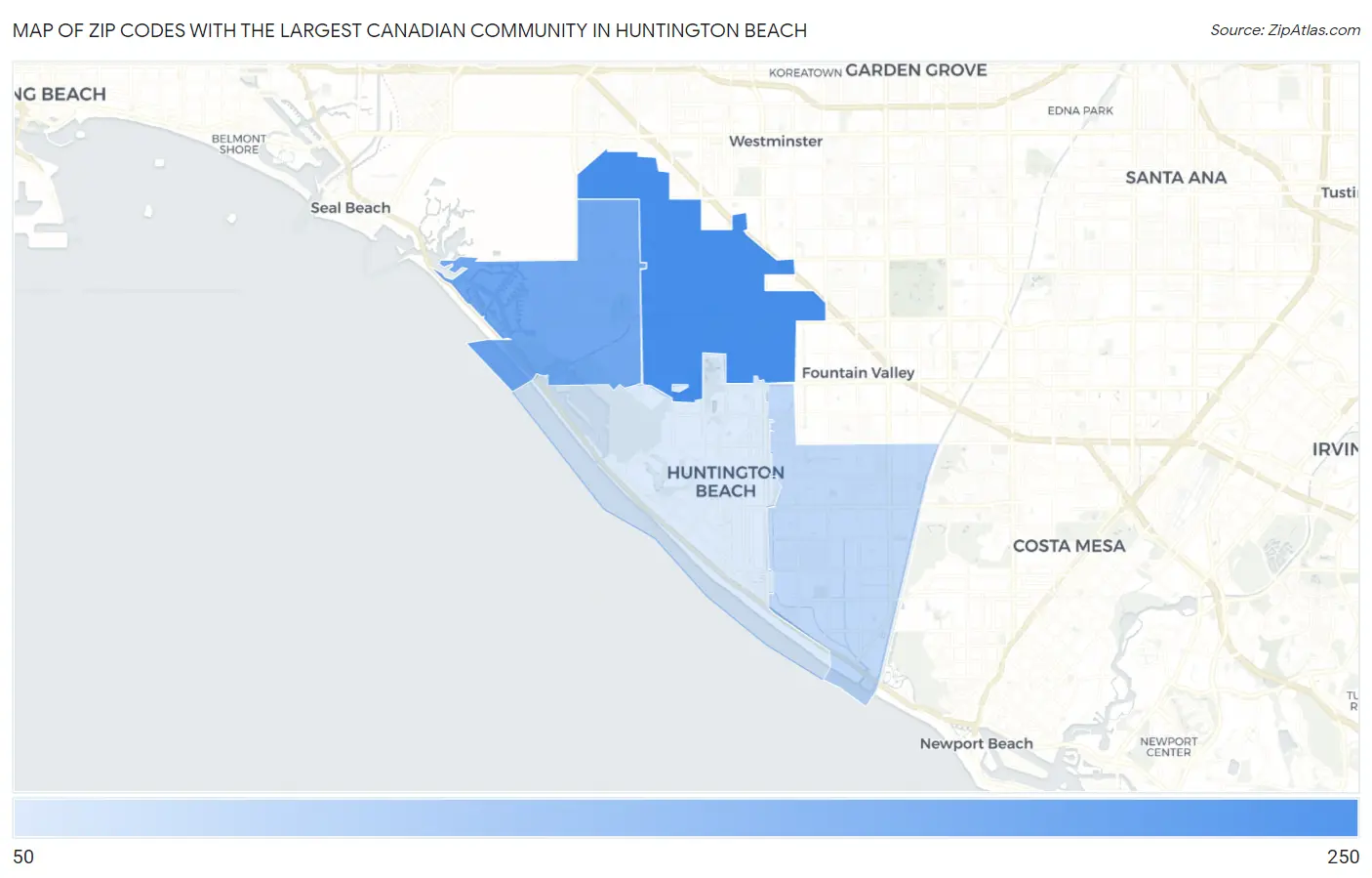 Zip Codes with the Largest Canadian Community in Huntington Beach Map