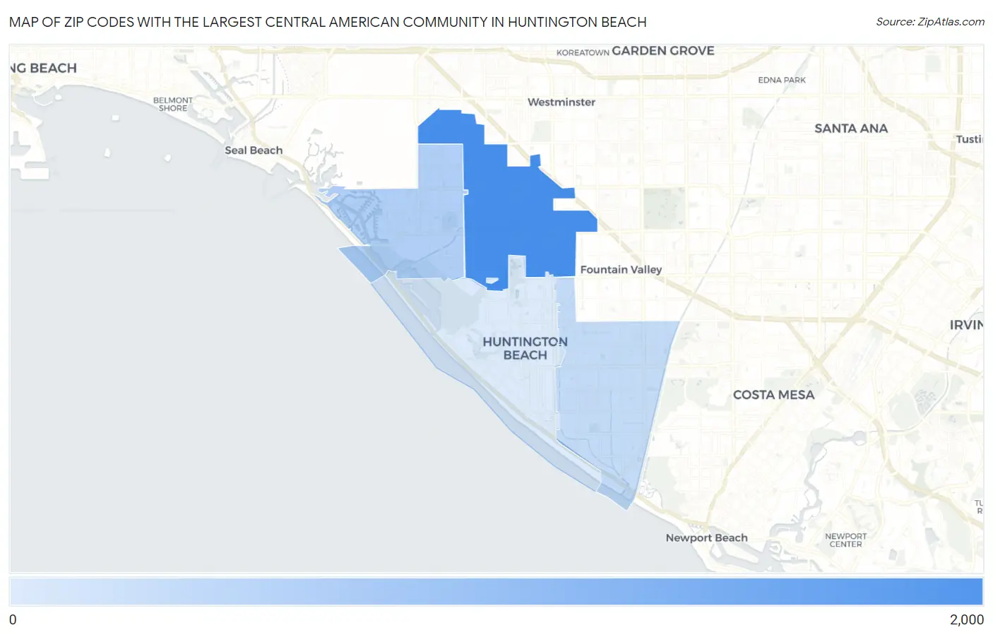 Zip Codes with the Largest Central American Community in Huntington Beach Map