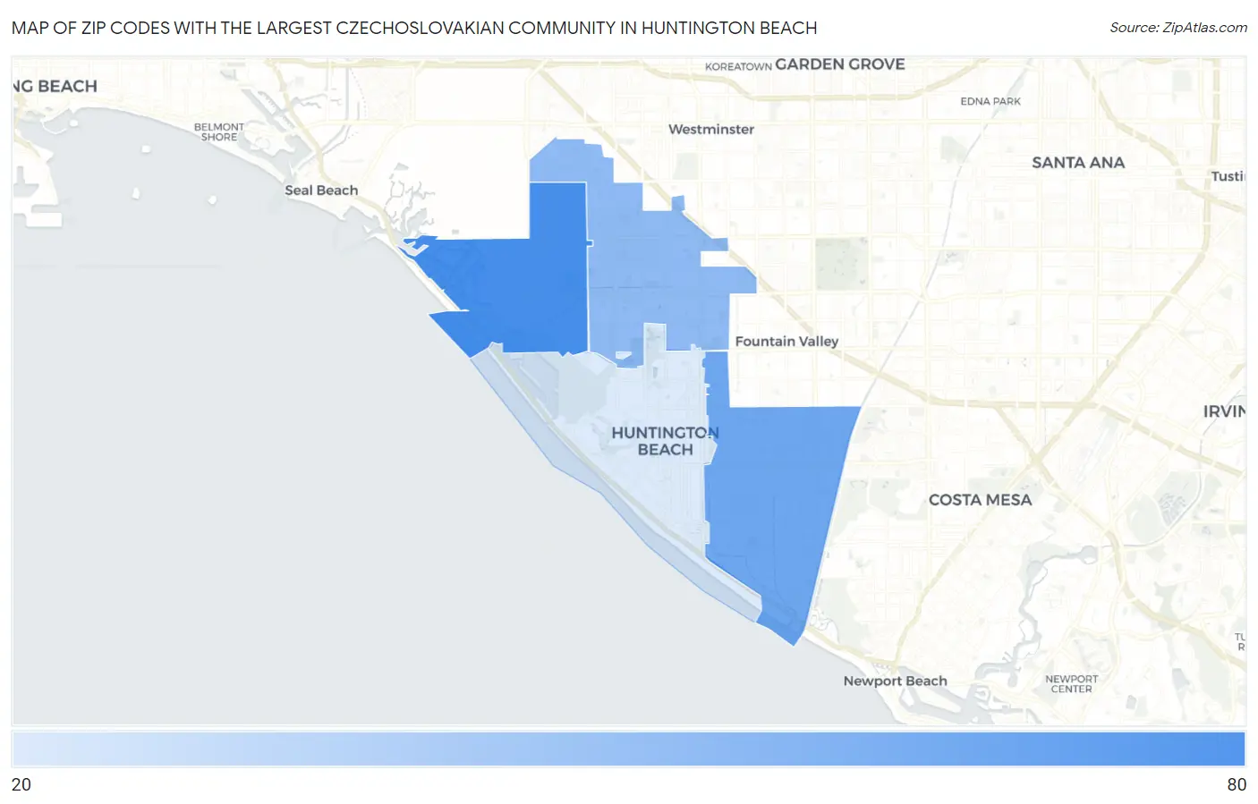 Zip Codes with the Largest Czechoslovakian Community in Huntington Beach Map