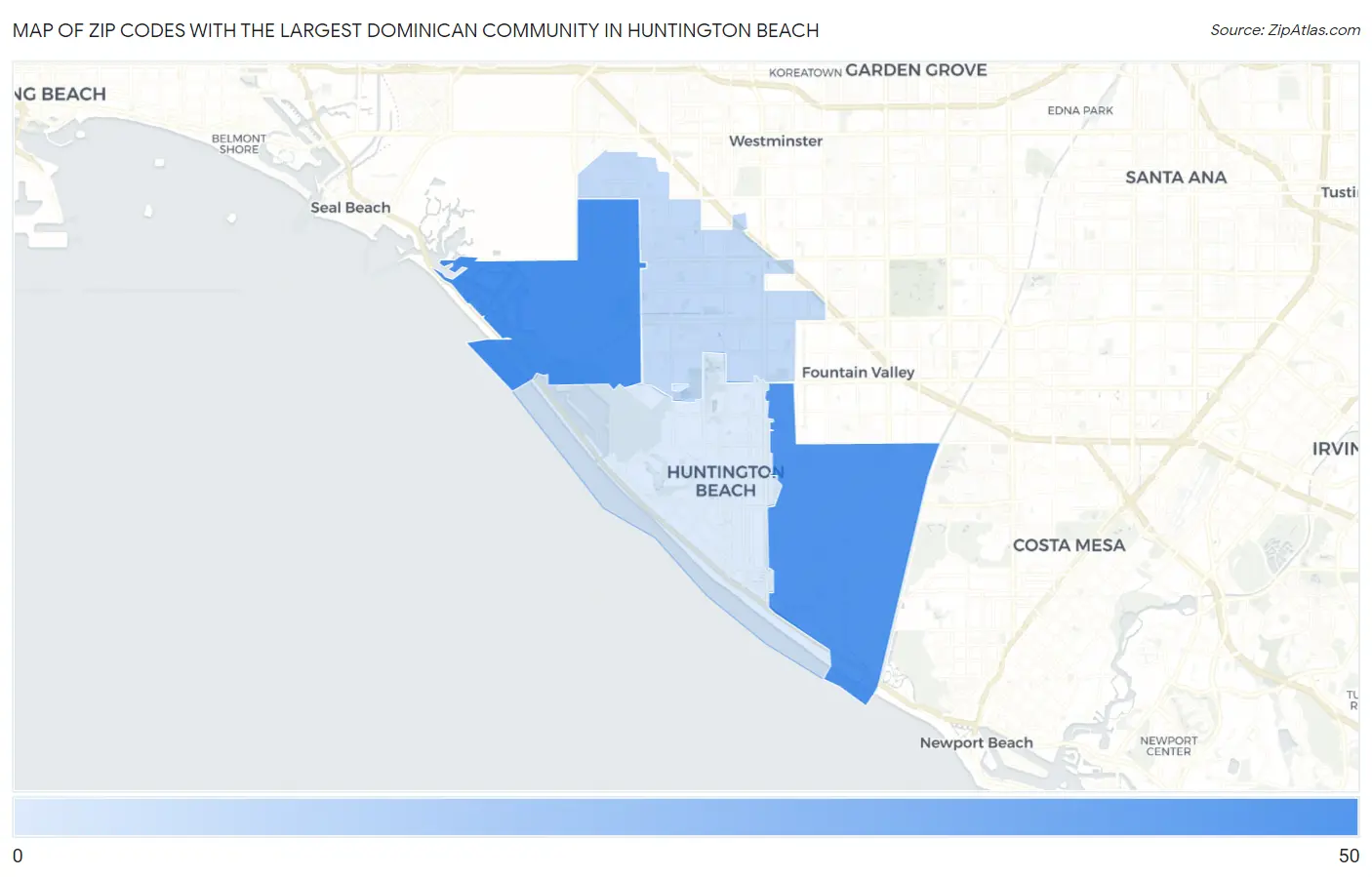 Zip Codes with the Largest Dominican Community in Huntington Beach Map