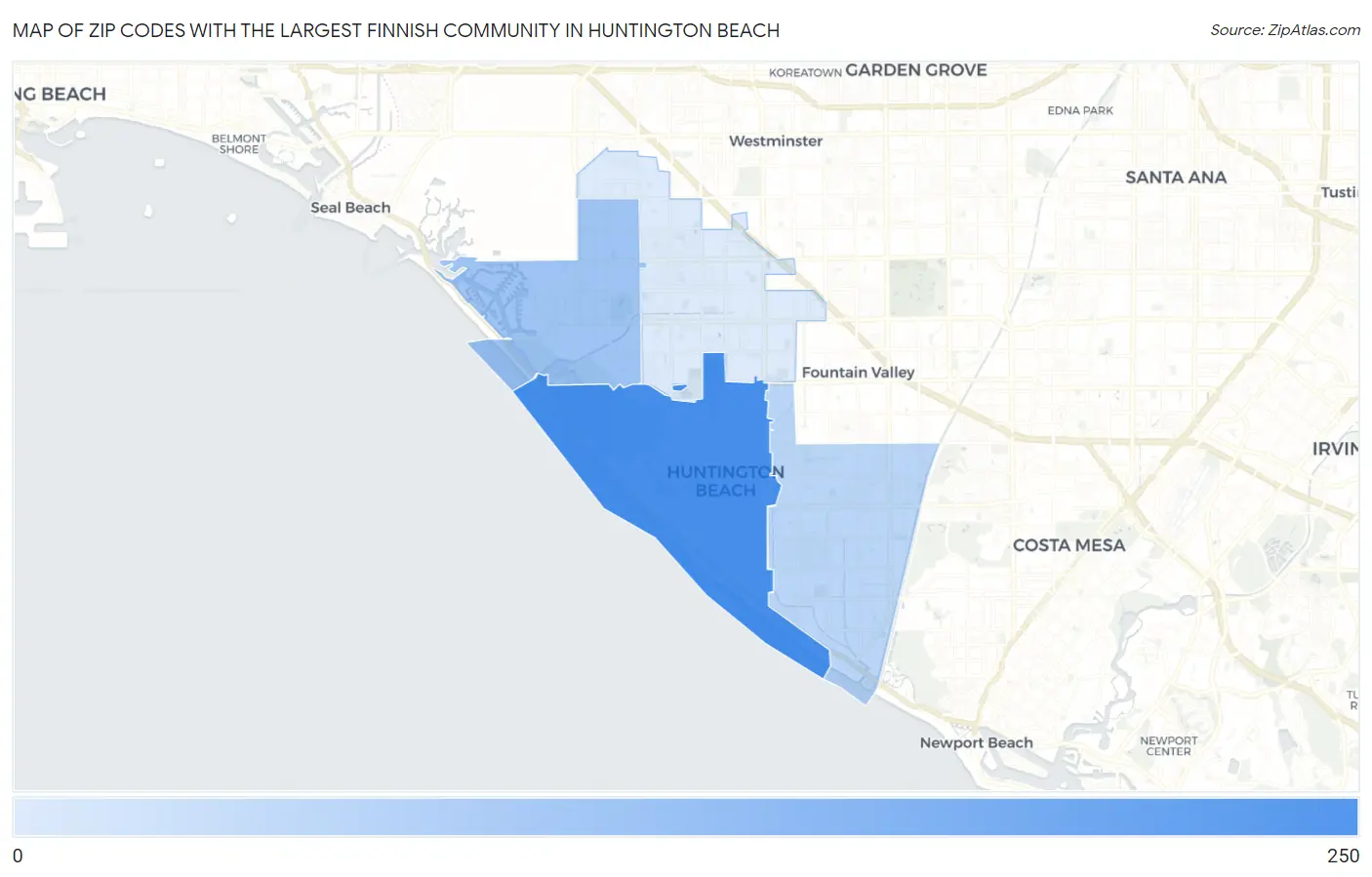 Zip Codes with the Largest Finnish Community in Huntington Beach Map