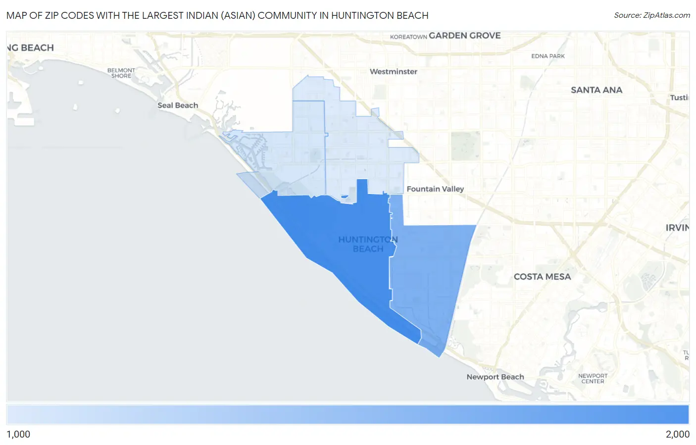 Zip Codes with the Largest Indian (Asian) Community in Huntington Beach Map