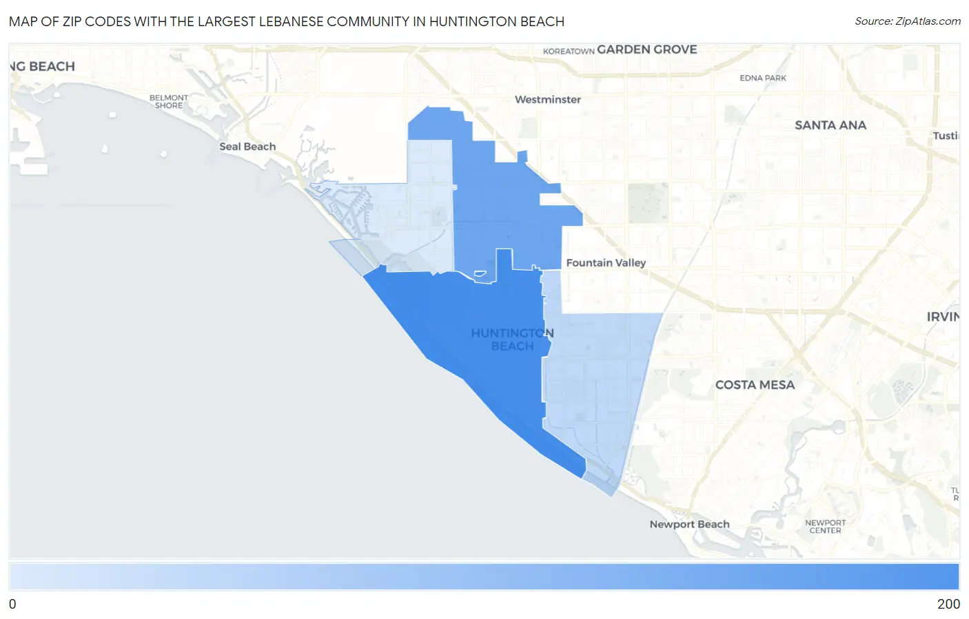 Zip Codes with the Largest Lebanese Community in Huntington Beach Map