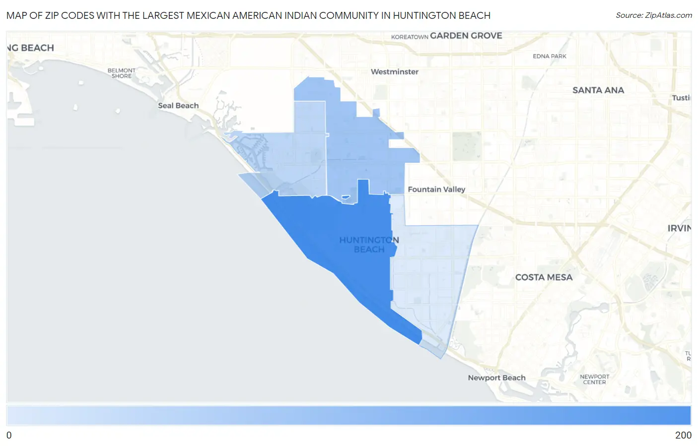 Zip Codes with the Largest Mexican American Indian Community in Huntington Beach Map