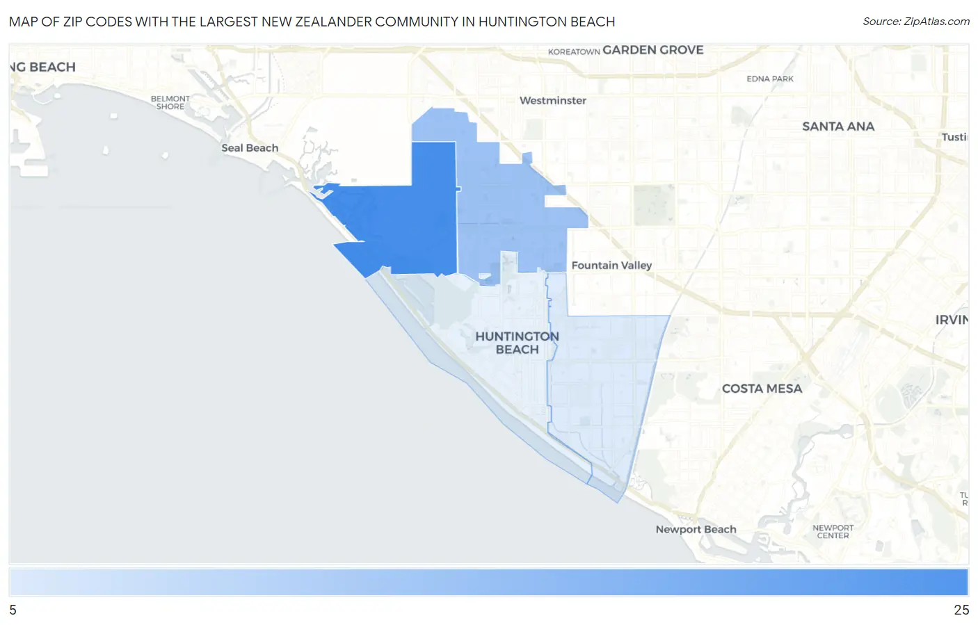 Zip Codes with the Largest New Zealander Community in Huntington Beach Map