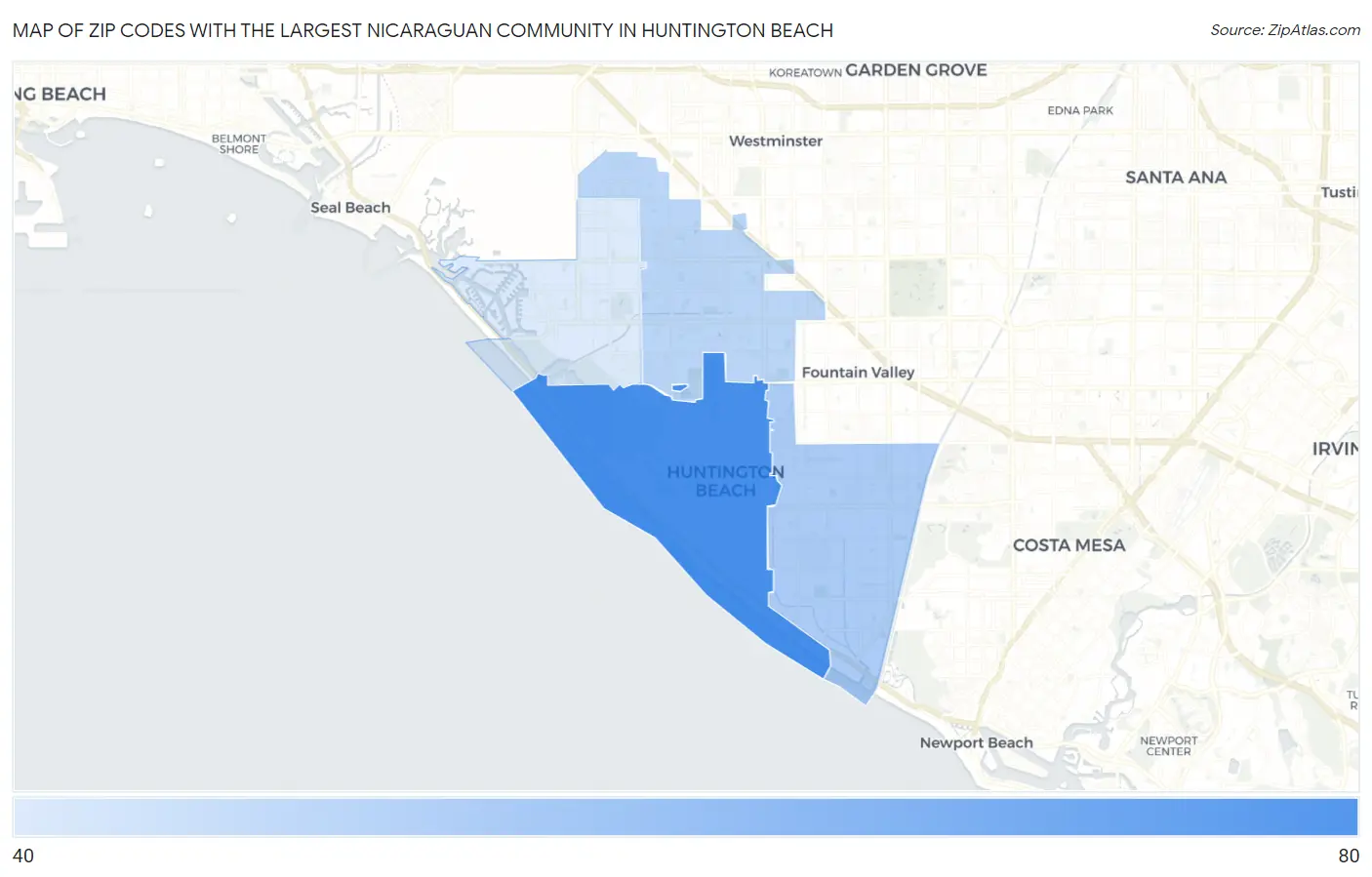 Zip Codes with the Largest Nicaraguan Community in Huntington Beach Map