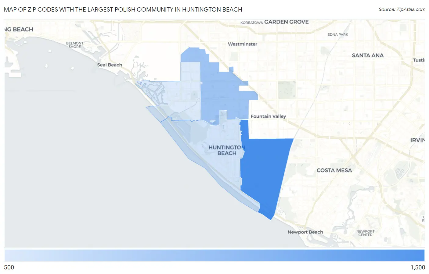 Zip Codes with the Largest Polish Community in Huntington Beach Map