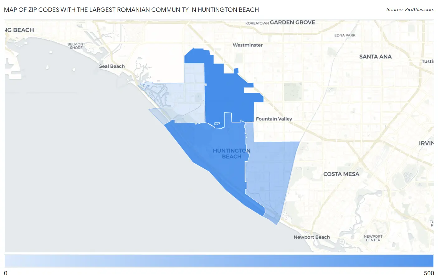 Zip Codes with the Largest Romanian Community in Huntington Beach Map