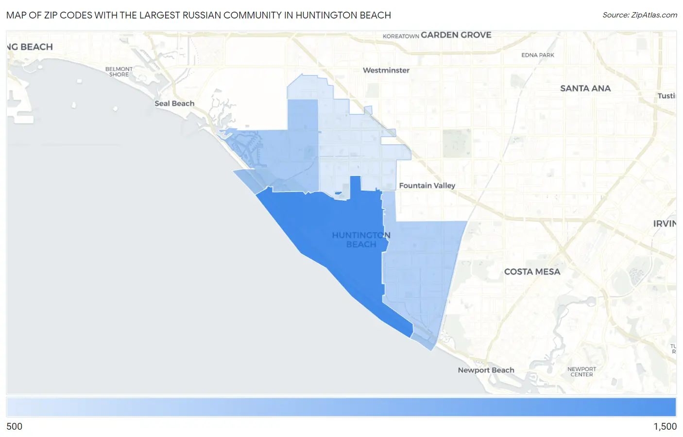 Zip Codes with the Largest Russian Community in Huntington Beach Map