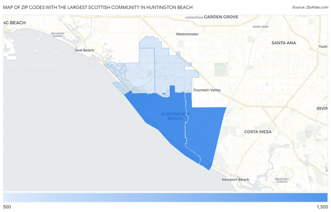 Zip Codes with the Largest Scottish Community in Huntington Beach Map