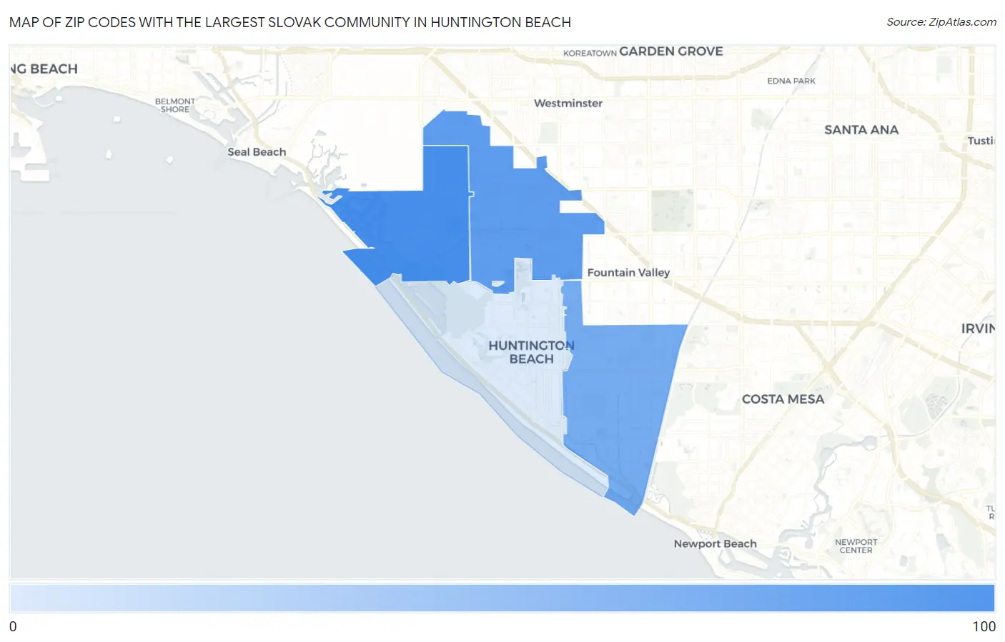 Zip Codes with the Largest Slovak Community in Huntington Beach Map