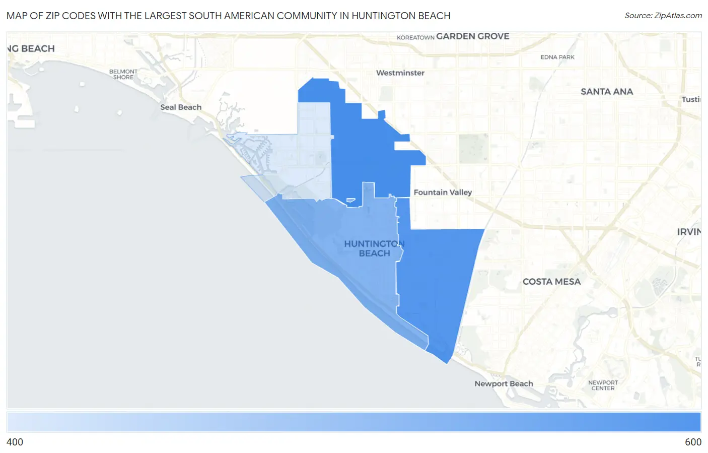 Zip Codes with the Largest South American Community in Huntington Beach Map