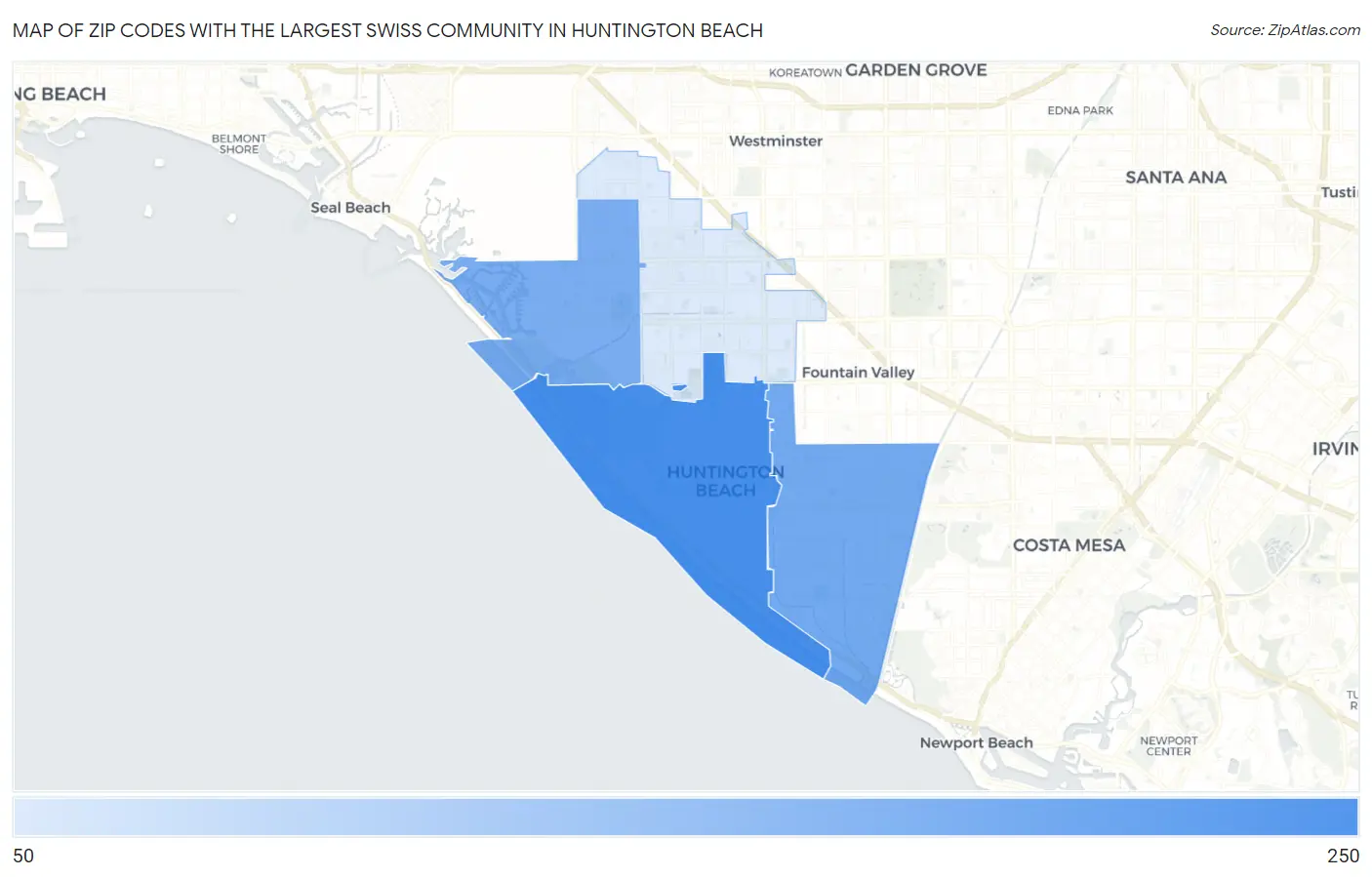 Zip Codes with the Largest Swiss Community in Huntington Beach Map