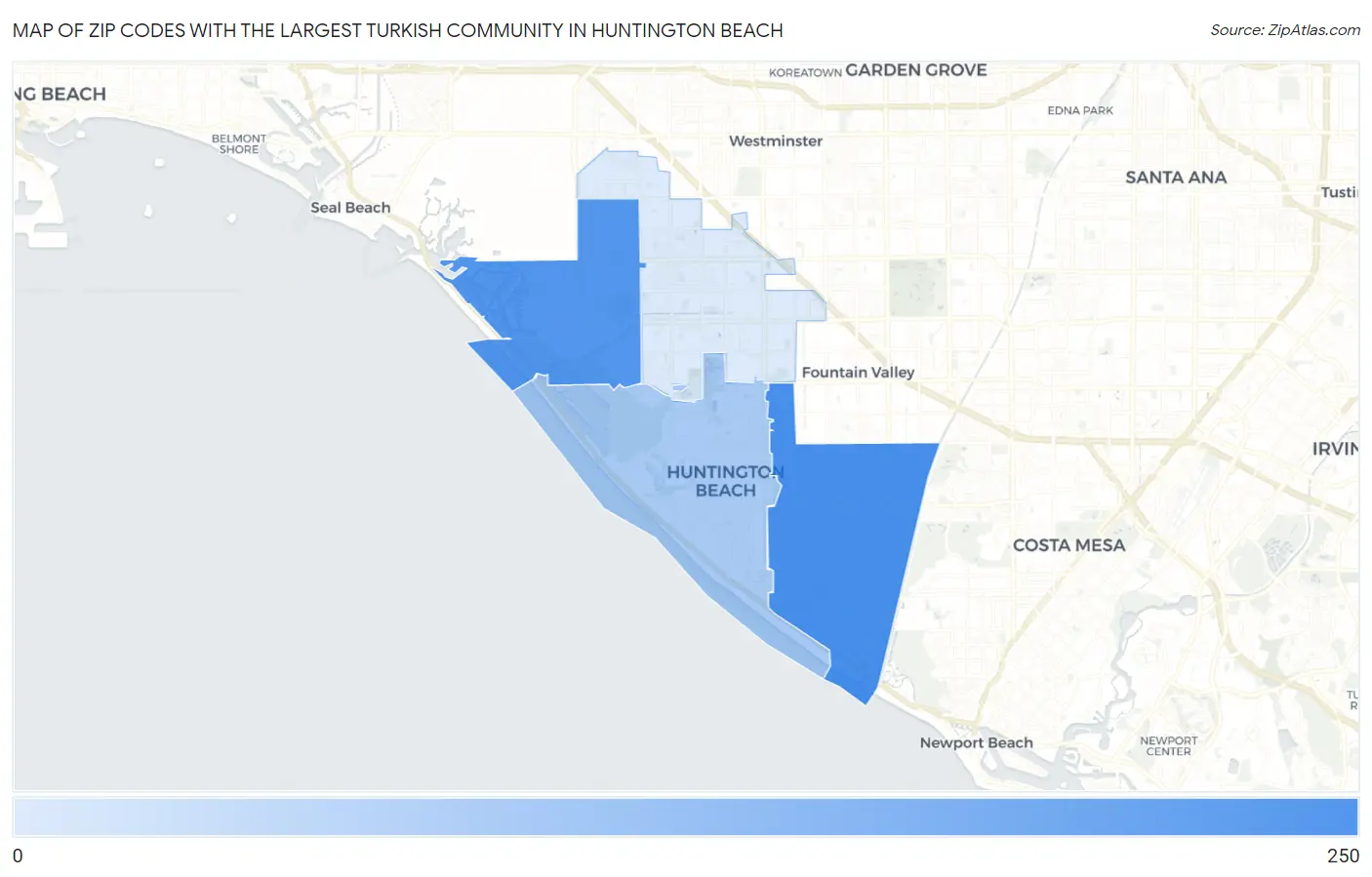 Zip Codes with the Largest Turkish Community in Huntington Beach Map