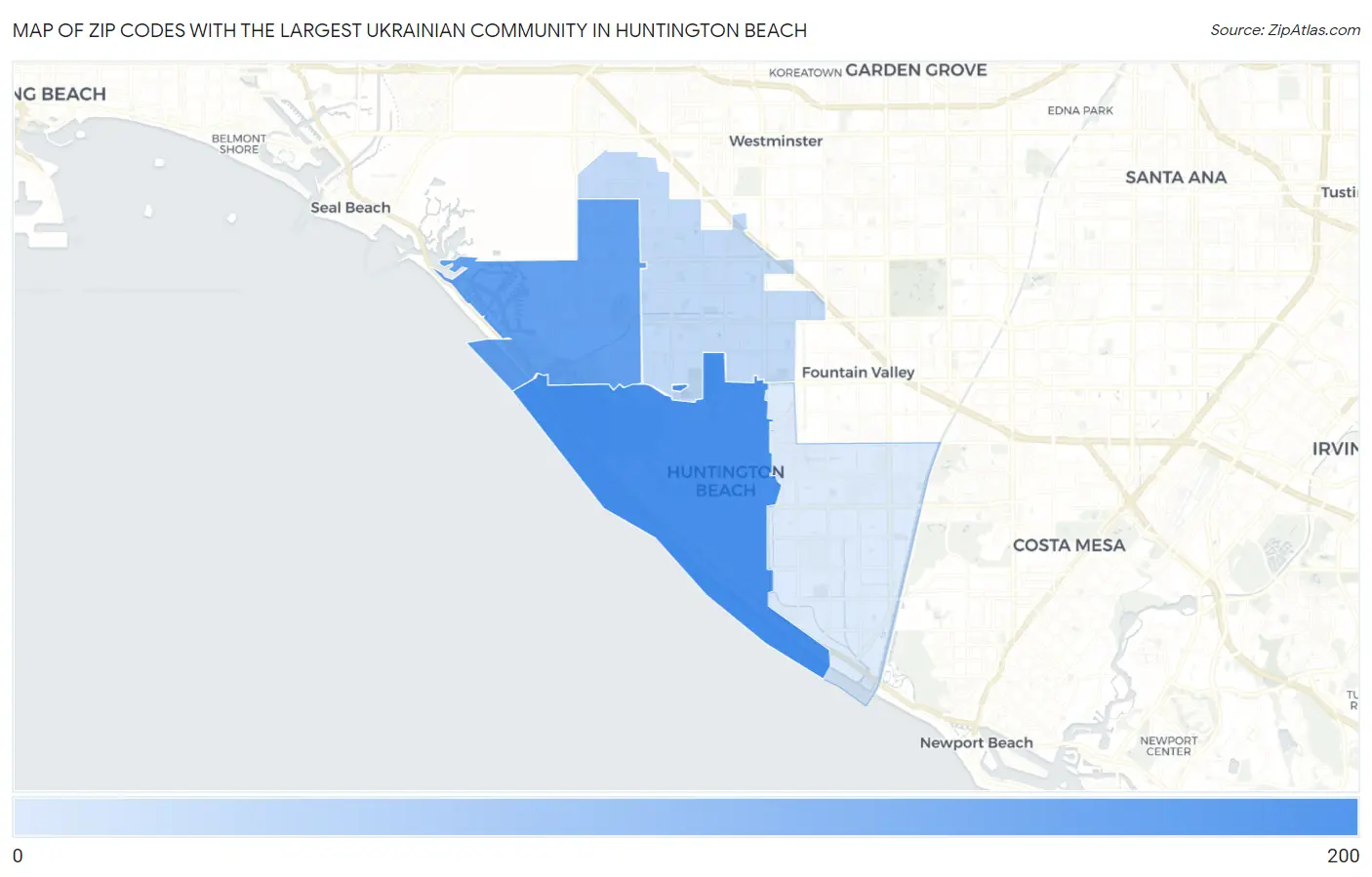 Zip Codes with the Largest Ukrainian Community in Huntington Beach Map