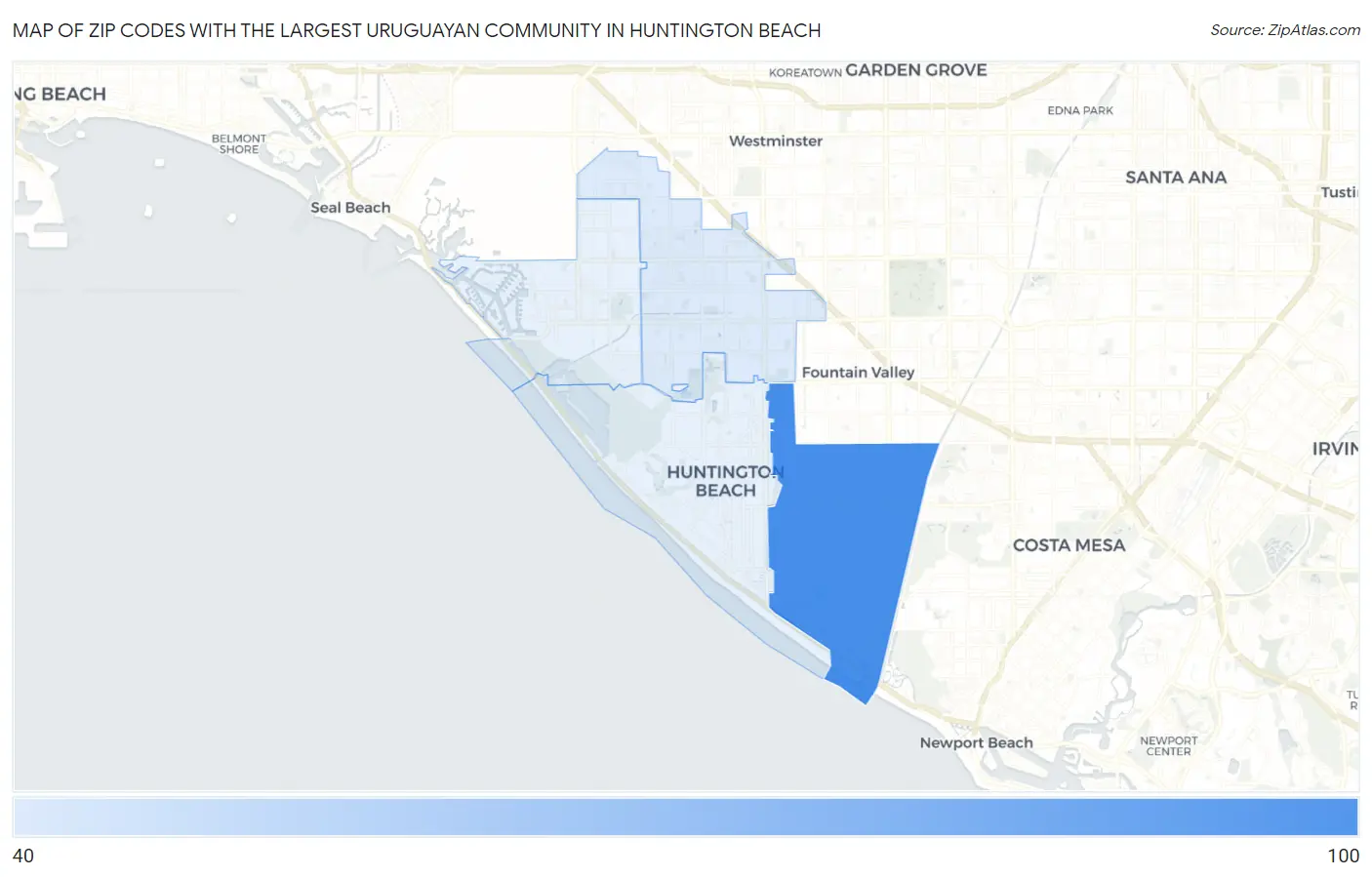 Zip Codes with the Largest Uruguayan Community in Huntington Beach Map