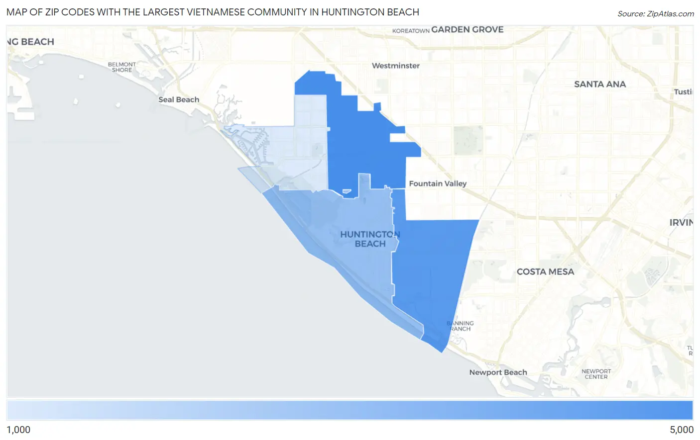 Zip Codes with the Largest Vietnamese Community in Huntington Beach Map