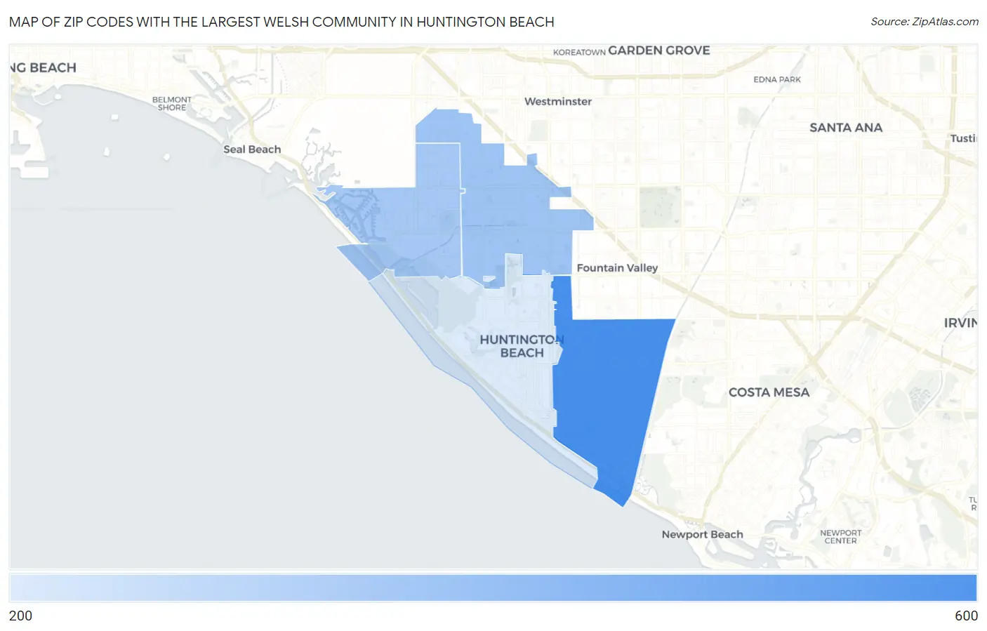 Zip Codes with the Largest Welsh Community in Huntington Beach Map