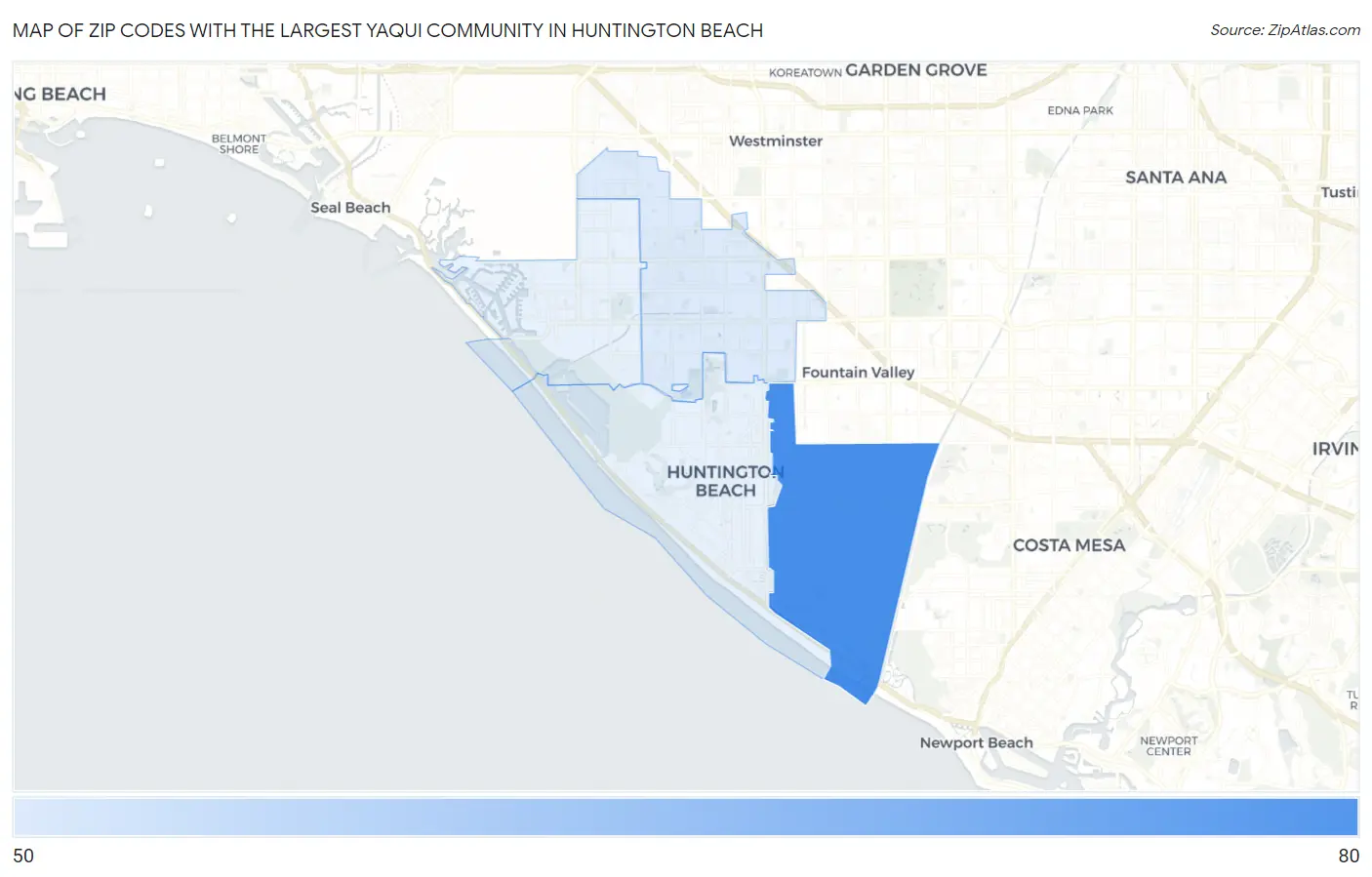 Zip Codes with the Largest Yaqui Community in Huntington Beach Map