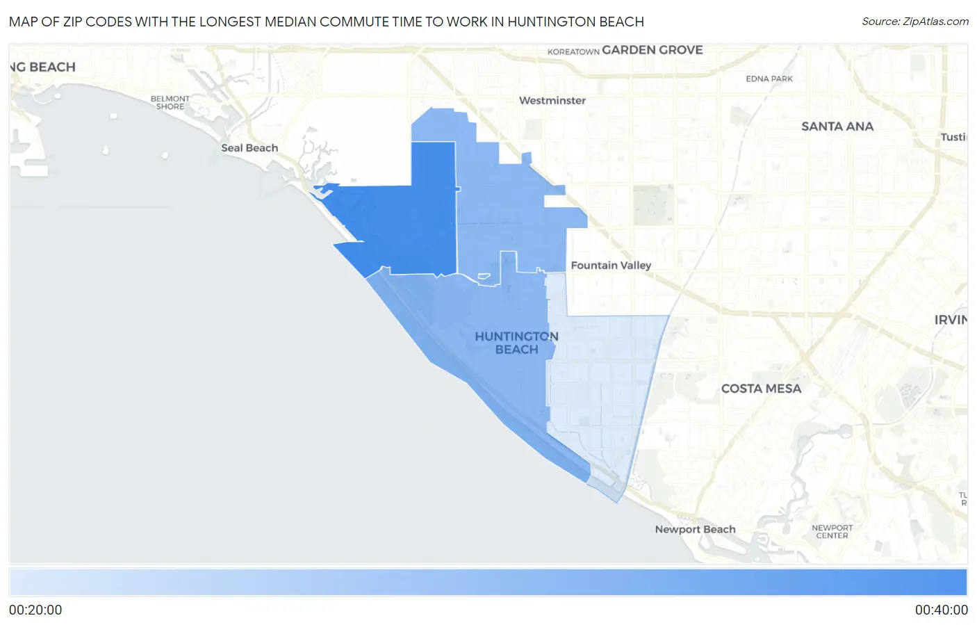 Zip Codes with the Longest Median Commute Time to Work in Huntington Beach Map