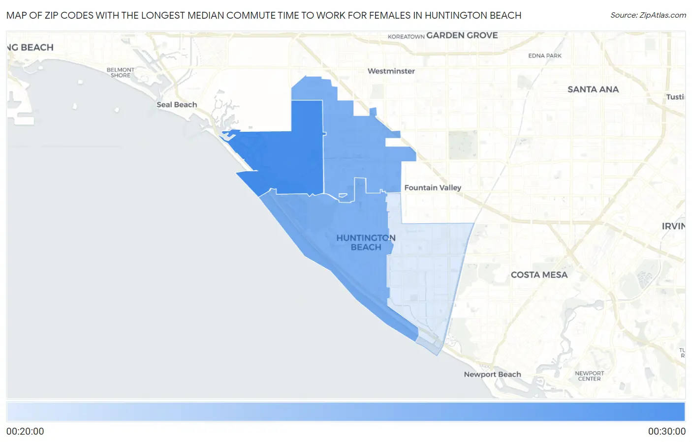Zip Codes with the Longest Median Commute Time to Work for Females in Huntington Beach Map