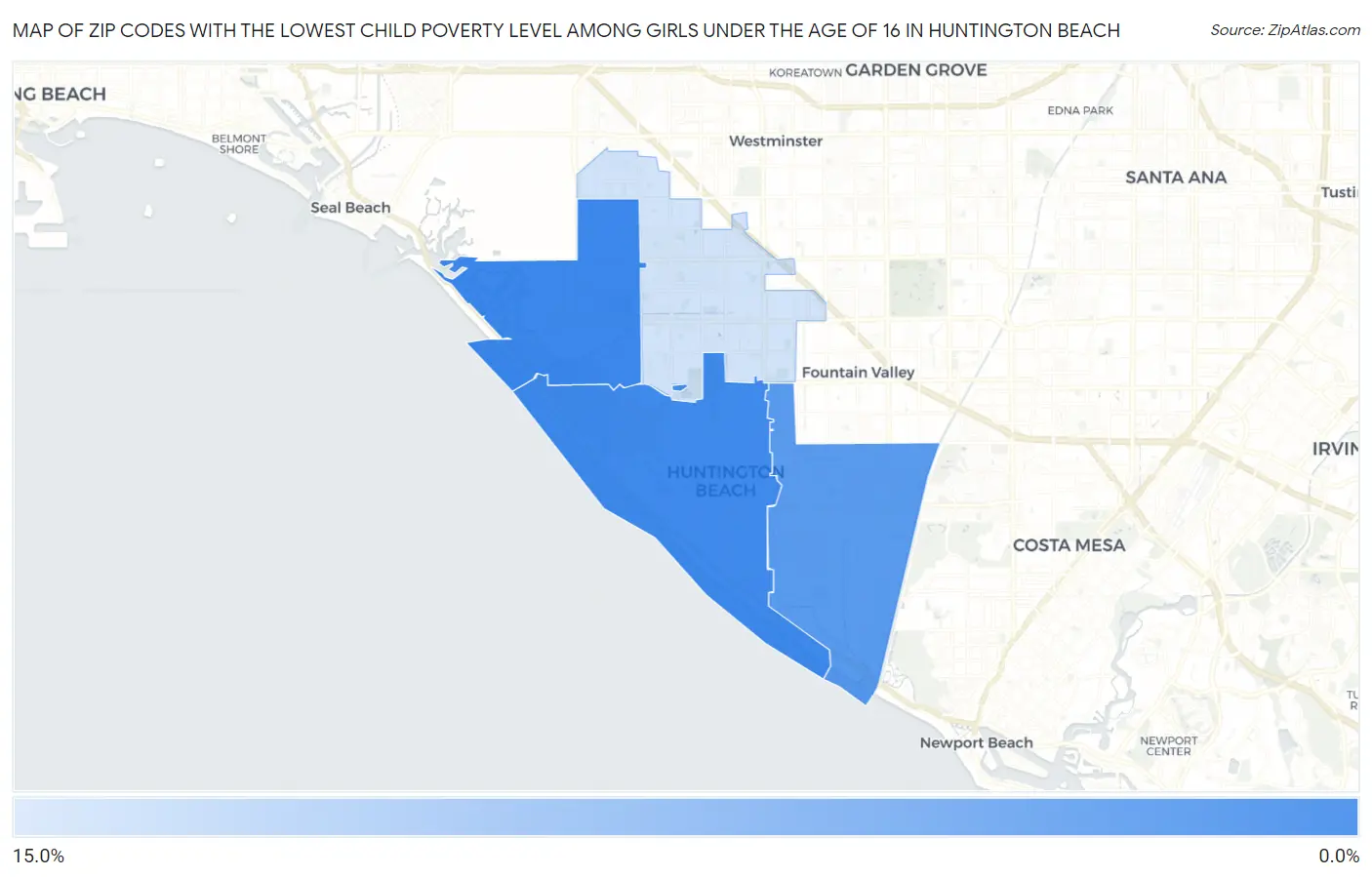 Zip Codes with the Lowest Child Poverty Level Among Girls Under the Age of 16 in Huntington Beach Map