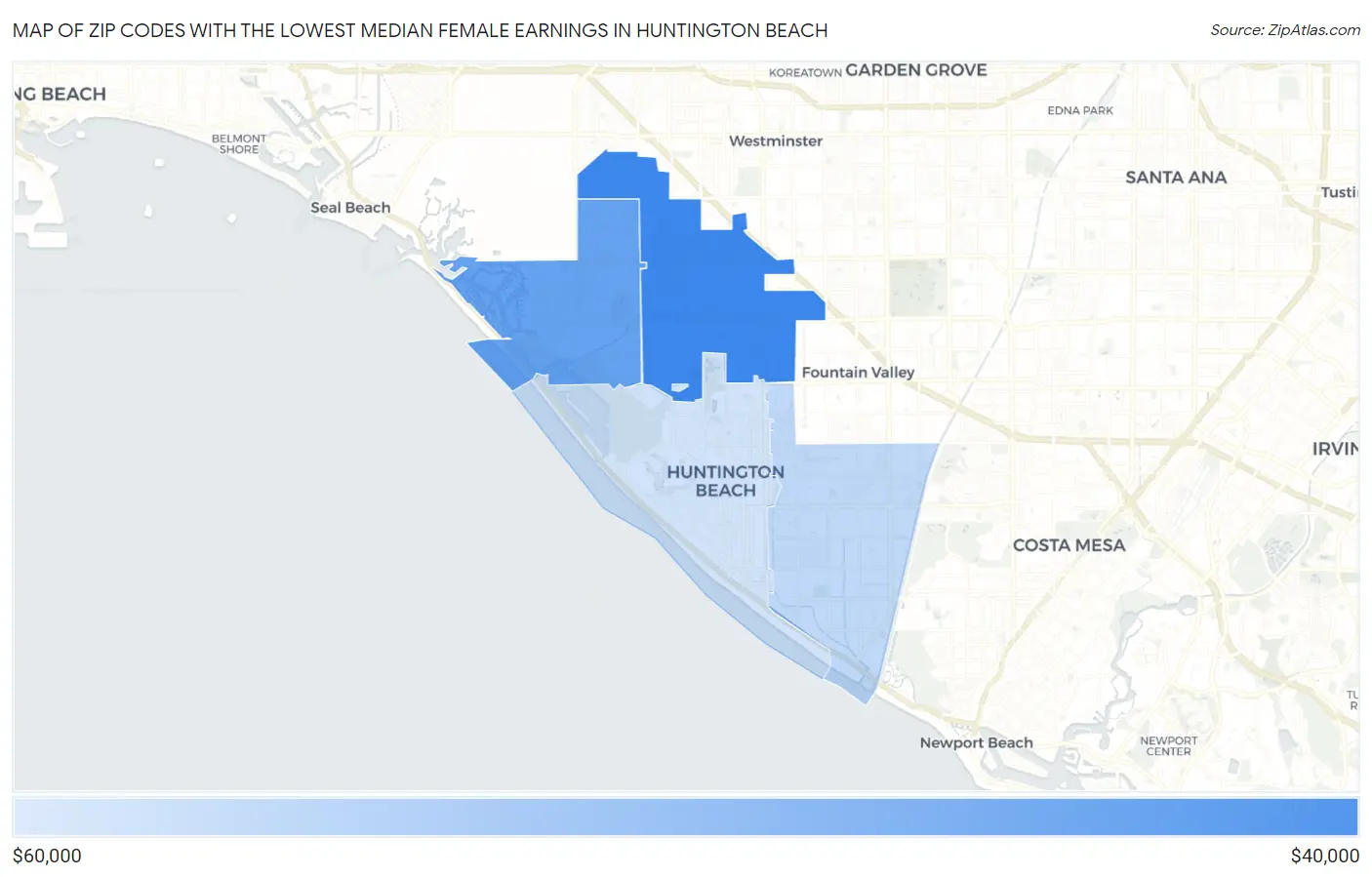 Zip Codes with the Lowest Median Female Earnings in Huntington Beach Map