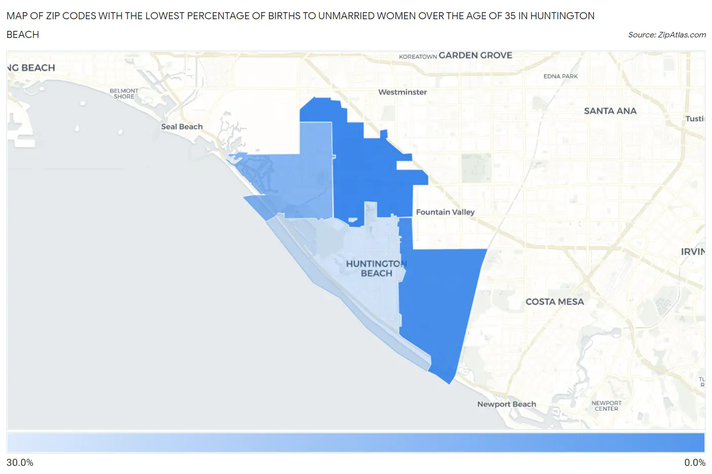 Zip Codes with the Lowest Percentage of Births to Unmarried Women over the Age of 35 in Huntington Beach Map