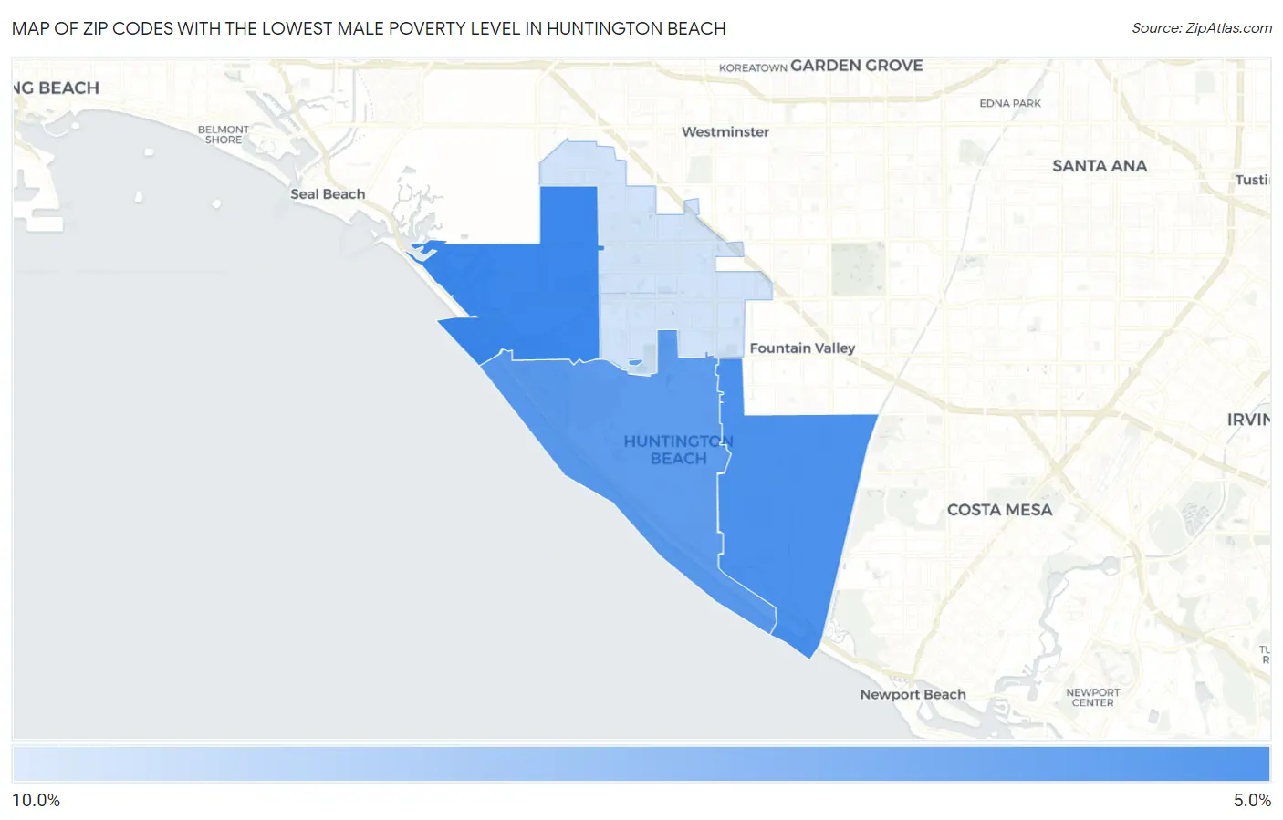 Zip Codes with the Lowest Male Poverty Level in Huntington Beach Map