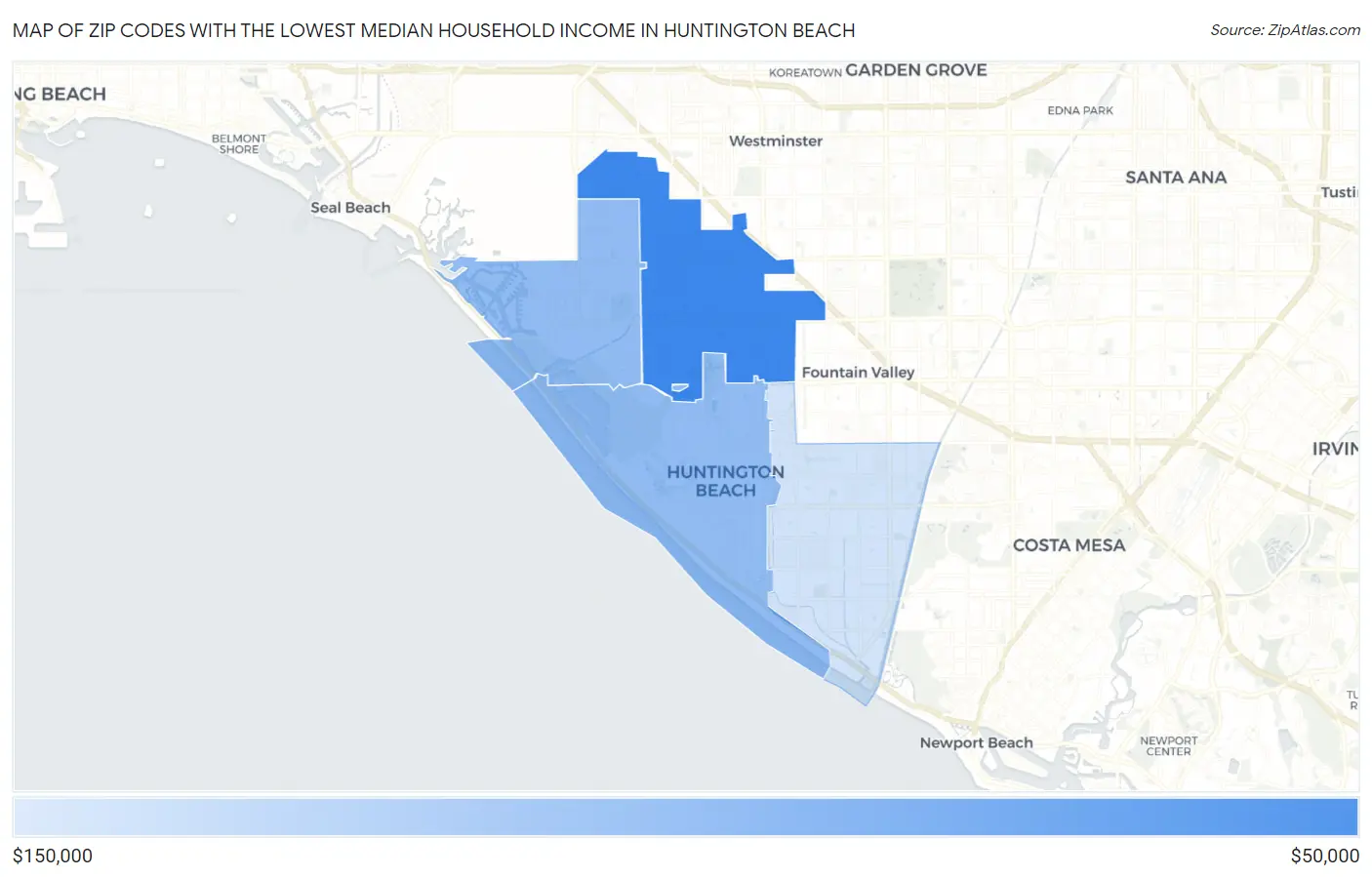 Zip Codes with the Lowest Median Household Income in Huntington Beach Map